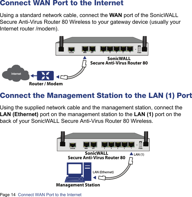 Page 14  Connect WAN Port to the Internet  Connect WAN Port to the InternetUsing a standard network cable, connect the WAN port of the SonicWALL Secure Anti-Virus Router 80 Wireless to your gateway device (usually your Internet router /modem).Connect the Management Station to the LAN (1) PortUsing the supplied network cable and the management station, connect the LAN (Ethernet) port on the management station to the LAN (1) port on the back of your SonicWALL Secure Anti-Virus Router 80 Wireless.Console WAN OPT 5 4 3 2 1 PowerRouter / ModemSonicWALLSecure Anti-Virus Router 80InternetConsole WAN OPT 5 4 3 2 1 PowerManagement StationLAN (Ethernet)LAN (1)SonicWALLSecure Anti-Virus Router 80