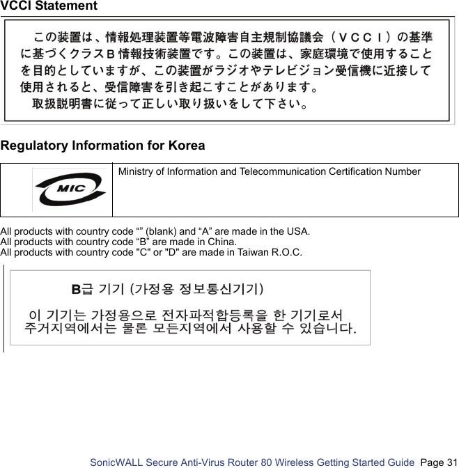          SonicWALL Secure Anti-Virus Router 80 Wireless Getting Started Guide  Page 31VCCI StatementRegulatory Information for KoreaAll products with country code “” (blank) and “A” are made in the USA.All products with country code “B” are made in China.All products with country code &quot;C&quot; or &quot;D&quot; are made in Taiwan R.O.C.Ministry of Information and Telecommunication Certification Number