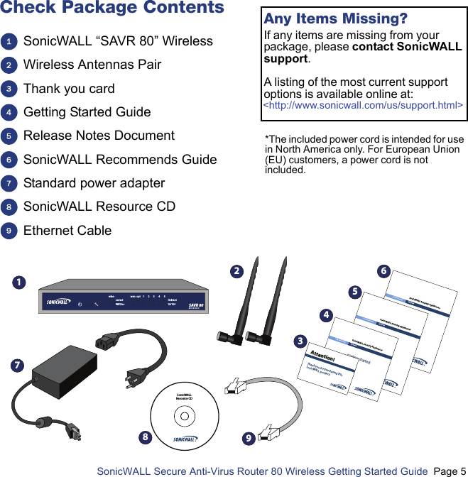          SonicWALL Secure Anti-Virus Router 80 Wireless Getting Started Guide  Page 5Check Package Contents SonicWALL “SAVR 80” WirelessWireless Antennas PairThank you cardGetting Started GuideRelease Notes DocumentSonicWALL Recommends GuideStandard power adapterSonicWALL Resource CDEthernet Cable1234556789Any Items Missing?If any items are missing from your package, please contact SonicWALL support. A listing of the most current support options is available online at: &lt;http://www.sonicwall.com/us/support.html&gt;*The included power cord is intended for use in North America only. For European Union (EU) customers, a power cord is not included.Release NotesSonicWALL Security AppliancesUTM APPLIANCETZ SeriesSonicWALLResource CD143798562Release NotesSonicWALL Security AppliancesUTM APPLIANCETZ SeriesGetting StartedGuideSonicWALL Security AppliancesUTM APPLIANCETZ SeriesThank you for purchasing thisSonicWALL product.Attention!link/act10/100on/actWiFiSecwan  optwlan 12345SAVR 80wireless