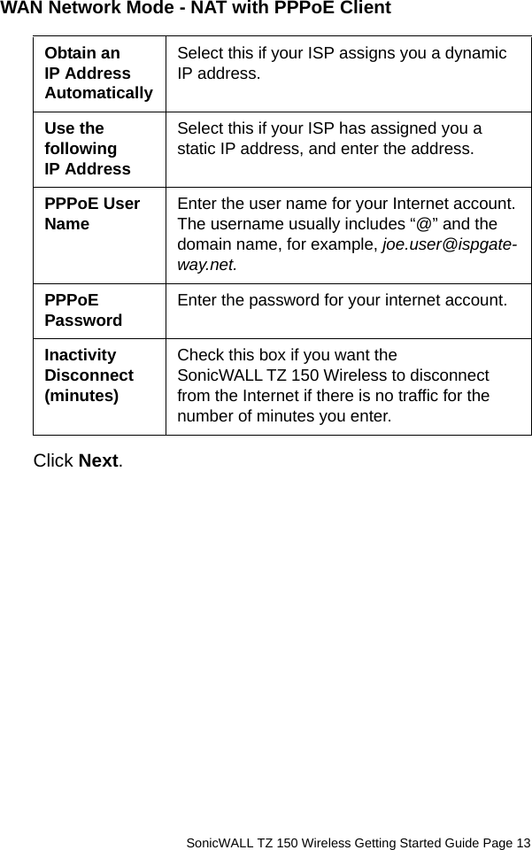          SonicWALL TZ 150 Wireless Getting Started Guide Page 13WAN Network Mode - NAT with PPPoE ClientClick Next.Obtain an IP Address AutomaticallySelect this if your ISP assigns you a dynamic IP address.Use the following IP AddressSelect this if your ISP has assigned you a static IP address, and enter the address.PPPoE User Name Enter the user name for your Internet account. The username usually includes “@” and the domain name, for example, joe.user@ispgate-way.net.PPPoE Password Enter the password for your internet account.Inactivity Disconnect (minutes)Check this box if you want the SonicWALL TZ 150 Wireless to disconnect from the Internet if there is no traffic for the number of minutes you enter.
