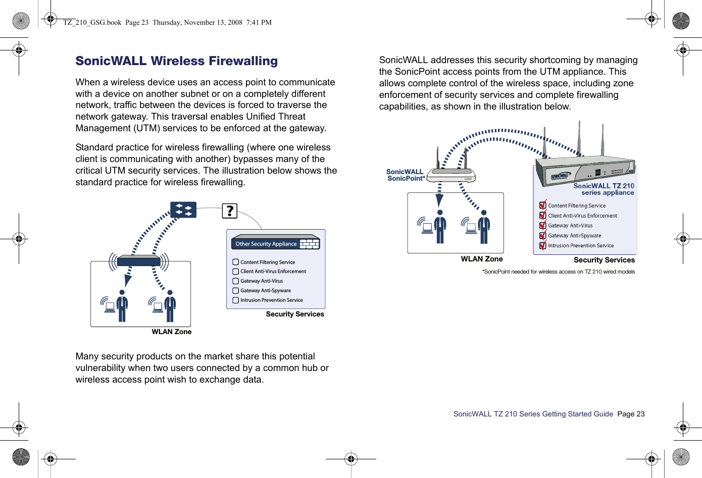 SonicWALL TZ 210 Series Getting Started Guide  Page 23SonicWALL Wireless FirewallingWhen a wireless device uses an access point to communicate with a device on another subnet or on a completely different network, traffic between the devices is forced to traverse the network gateway. This traversal enables Unified Threat Management (UTM) services to be enforced at the gateway.Standard practice for wireless firewalling (where one wireless client is communicating with another) bypasses many of the critical UTM security services. The illustration below shows the standard practice for wireless firewalling. Many security products on the market share this potential vulnerability when two users connected by a common hub or wireless access point wish to exchange data.SonicWALL addresses this security shortcoming by managing the SonicPoint access points from the UTM appliance. This allows complete control of the wireless space, including zone enforcement of security services and complete firewalling capabilities, as shown in the illustration below.WLAN ZoneSecurity Services?Content Filtering ServiceClient Anti-Virus EnforcementGateway Anti-VirusGateway Anti-SpywareIntrusion Prevention ServiceOther Security ApplianceWLAN Zone Security ServicesSonicWALL TZ 210series applianceSonicWALL SonicPoint**SonicPoint needed for wireless access on TZ 210 wired modelsContent Filtering ServiceClient Anti-Virus EnforcementGateway Anti-VirusGateway Anti-SpywareIntrusion Prevention ServiceSONICPOINTTZ_210_GSG.book  Page 23  Thursday, November 13, 2008  7:41 PM