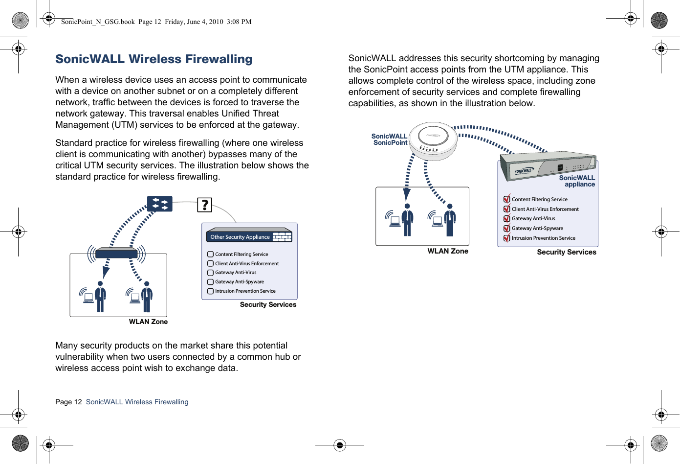Page 12  SonicWALL Wireless Firewalling  SonicWALL Wireless FirewallingWhen a wireless device uses an access point to communicate with a device on another subnet or on a completely different network, traffic between the devices is forced to traverse the network gateway. This traversal enables Unified Threat Management (UTM) services to be enforced at the gateway.Standard practice for wireless firewalling (where one wireless client is communicating with another) bypasses many of the critical UTM security services. The illustration below shows the standard practice for wireless firewalling. Many security products on the market share this potential vulnerability when two users connected by a common hub or wireless access point wish to exchange data.SonicWALL addresses this security shortcoming by managing the SonicPoint access points from the UTM appliance. This allows complete control of the wireless space, including zone enforcement of security services and complete firewalling capabilities, as shown in the illustration below.WLAN ZoneSecurity Services?Content Filtering ServiceClient Anti-Virus EnforcementGateway Anti-VirusGateway Anti-SpywareIntrusion Prevention ServiceOther Security ApplianceWLAN Zone Security ServicesSonicWALLapplianceSonicWALLSonicPointContent Filtering ServiceClient Anti-Virus EnforcementGateway Anti-VirusGateway Anti-SpywareIntrusion Prevention ServicelinkwlanlanactlinkactSonicPoint_N_GSG.book  Page 12  Friday, June 4, 2010  3:08 PM