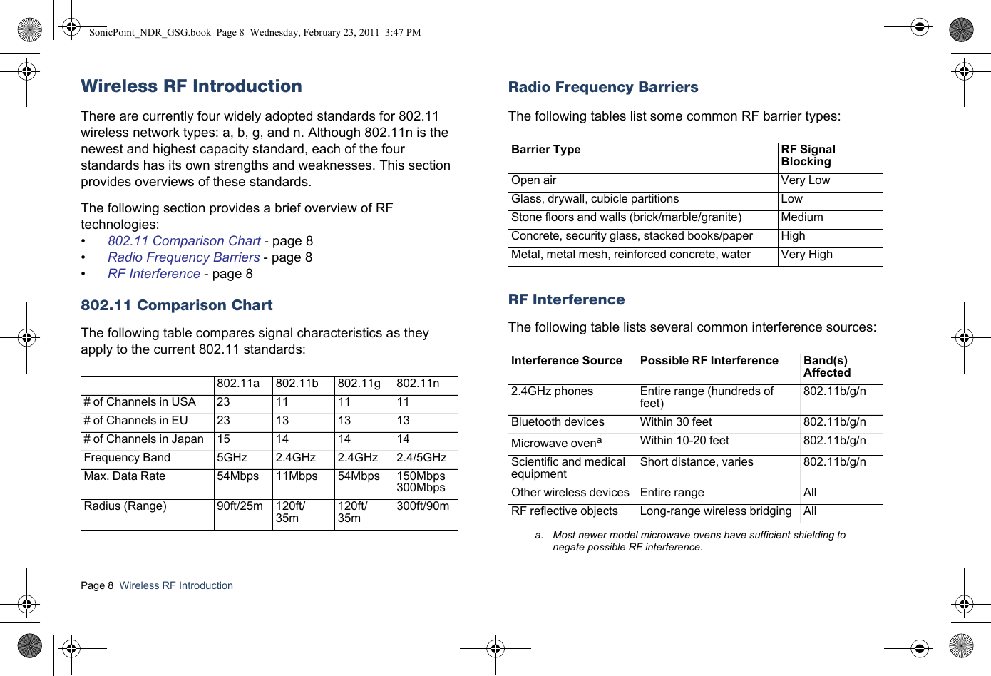 Page 8  Wireless RF Introduction  Wireless RF IntroductionThere are currently four widely adopted standards for 802.11 wireless network types: a, b, g, and n. Although 802.11n is the newest and highest capacity standard, each of the four standards has its own strengths and weaknesses. This section provides overviews of these standards.The following section provides a brief overview of RF technologies:•802.11 Comparison Chart - page 8•Radio Frequency Barriers - page 8•RF Interference - page 8802.11 Comparison ChartThe following table compares signal characteristics as they apply to the current 802.11 standards:Radio Frequency BarriersThe following tables list some common RF barrier types:RF InterferenceThe following table lists several common interference sources:802.11a 802.11b 802.11g 802.11n# of Channels in USA 23 11 11 11# of Channels in EU 23 13 13 13# of Channels in Japan 15 14 14 14Frequency Band 5GHz 2.4GHz 2.4GHz 2.4/5GHzMax. Data Rate 54Mbps 11Mbps 54Mbps 150Mbps300MbpsRadius (Range) 90ft/25m 120ft/35m120ft/35m300ft/90mBarrier Type RF Signal BlockingOpen air Very LowGlass, drywall, cubicle partitions LowStone floors and walls (brick/marble/granite) MediumConcrete, security glass, stacked books/paper HighMetal, metal mesh, reinforced concrete, water Very HighInterference Source Possible RF Interference Band(s) Affected2.4GHz phones Entire range (hundreds of feet)802.11b/g/nBluetooth devices Within 30 feet 802.11b/g/nMicrowave ovenaa. Most newer model microwave ovens have sufficient shielding to negate possible RF interference.Within 10-20 feet 802.11b/g/nScientific and medical equipmentShort distance, varies 802.11b/g/nOther wireless devices Entire range AllRF reflective objects Long-range wireless bridging AllSonicPoint_NDR_GSG.book  Page 8  Wednesday, February 23, 2011  3:47 PM