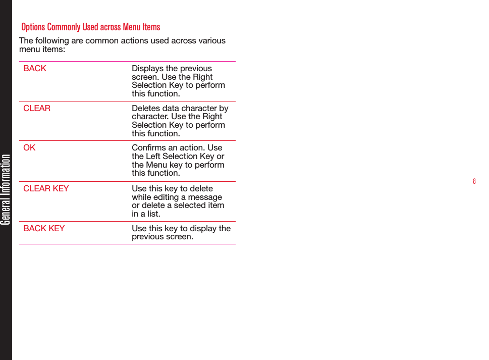 8 Options Commonly Used across Menu ItemsThe following are common actions used across various menu items:BACK Displays the previous screen. Use the Right Selection Key to perform this function.CLEAR Deletes data character by character. Use the Right Selection Key to perform this function.OK Conrms an action. Use the Left Selection Key or the Menu key to perform this function.CLEAR KEY Use this key to delete while editing a message or delete a selected item in a list.BACK KEY Use this key to display the previous screen.General Information