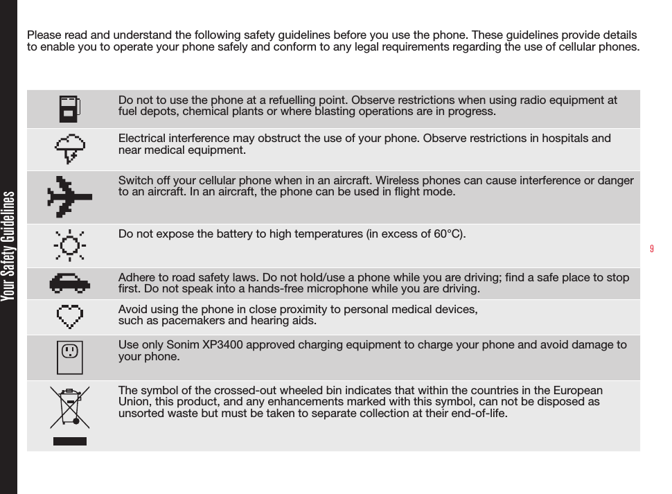 9Please read and understand the following safety guidelines before you use the phone. These guidelines provide details to enable you to operate your phone safely and conform to any legal requirements regarding the use of cellular phones.Do not to use the phone at a refuelling point. Observe restrictions when using radio equipment at fuel depots, chemical plants or where blasting operations are in progress.Electrical interference may obstruct the use of your phone. Observe restrictions in hospitals and near medical equipment.Switch off your cellular phone when in an aircraft. Wireless phones can cause interference or danger to an aircraft. In an aircraft, the phone can be used in flight mode.Do not expose the battery to high temperatures (in excess of 60°C).Adhere to road safety laws. Do not hold/use a phone while you are driving; find a safe place to stop first. Do not speak into a hands-free microphone while you are driving.Avoid using the phone in close proximity to personal medical devices,  such as pacemakers and hearing aids. Use only Sonim XP3400 approved charging equipment to charge your phone and avoid damage to your phone.The symbol of the crossed-out wheeled bin indicates that within the countries in the European Union, this product, and any enhancements marked with this symbol, can not be disposed as unsorted waste but must be taken to separate collection at their end-of-life.Your Safety Guidelines