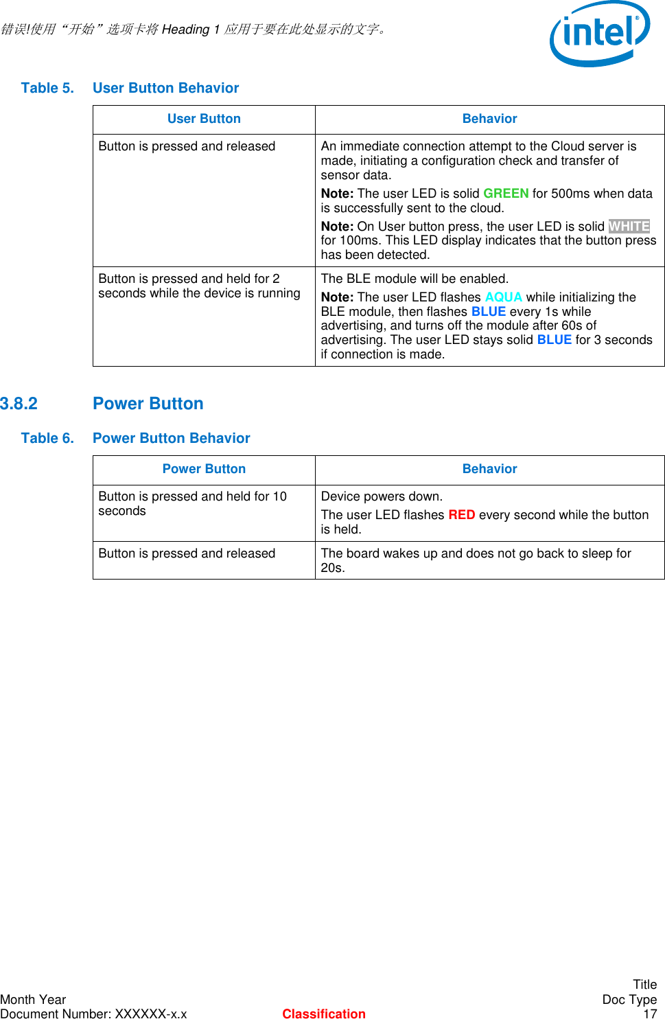  错误!使用“开始”选项卡将 Heading 1 应用于要在此处显示的文字。       Title Month Year    Doc Type Document Number: XXXXXX-x.x Classification 17 Table 5.  User Button Behavior User Button Behavior Button is pressed and released An immediate connection attempt to the Cloud server is made, initiating a configuration check and transfer of sensor data. Note: The user LED is solid GREEN for 500ms when data is successfully sent to the cloud. Note: On User button press, the user LED is solid WHITE for 100ms. This LED display indicates that the button press has been detected. Button is pressed and held for 2 seconds while the device is running The BLE module will be enabled. Note: The user LED flashes AQUA while initializing the BLE module, then flashes BLUE every 1s while advertising, and turns off the module after 60s of advertising. The user LED stays solid BLUE for 3 seconds if connection is made. 3.8.2  Power Button Table 6.  Power Button Behavior Power Button Behavior Button is pressed and held for 10 seconds Device powers down. The user LED flashes RED every second while the button is held. Button is pressed and released The board wakes up and does not go back to sleep for 20s.   