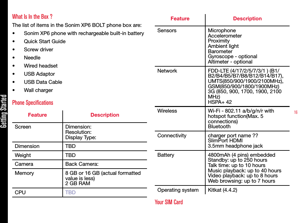 16Getting StartedWhat Is In the Box ?The list of items in the Sonim XP6 BOLT phone box are:•  Sonim XP6 phone with rechargeable built-in battery•  Quick Start Guide•  Screw driver•  Needle•  Wired headset •  USB Adaptor•  USB Data Cable•  Wall chargerPhone SpecificationsFeature DescriptionScreen Dimension: Resolution:Display Type:Dimension TBDWeight TBDCamera Back Camera: Memory 8 GB or 16 GB (actual formatted value is less)2 GB RAMCPU TBDFeature DescriptionSensors MicrophoneAccelerometerProximityAmbient lightBarometerGyroscope - optionalAltimeter - optionalNetwork FDD-LTE (4/17/2/5/7/3/1 ) (B1/B2/B4/B5/B7/B8/B12/B14/B17), UMTS(850/900/1900/2100MHz), GSM(850/900/1800/1900MHz)3G (850, 900, 1700, 1900, 2100 MHz)HSPA+ 42Wireless Wi-Fi - 802.11 a/b/g/n/r with hotspot function(Max. 5 connections)BluetoothConnectivity charger port name ??SlimPort HDMI3.5mm headphone jackBattery 4800mAh (4 pins) embeddedStandby: up to 250 hoursTalk time: up to 10 hoursMusic playback: up to 40 hoursVideo playback: up to 8 hoursWeb browsing: up to 7 hoursOperating system Kitkat (4.4.2)Your SIM Card