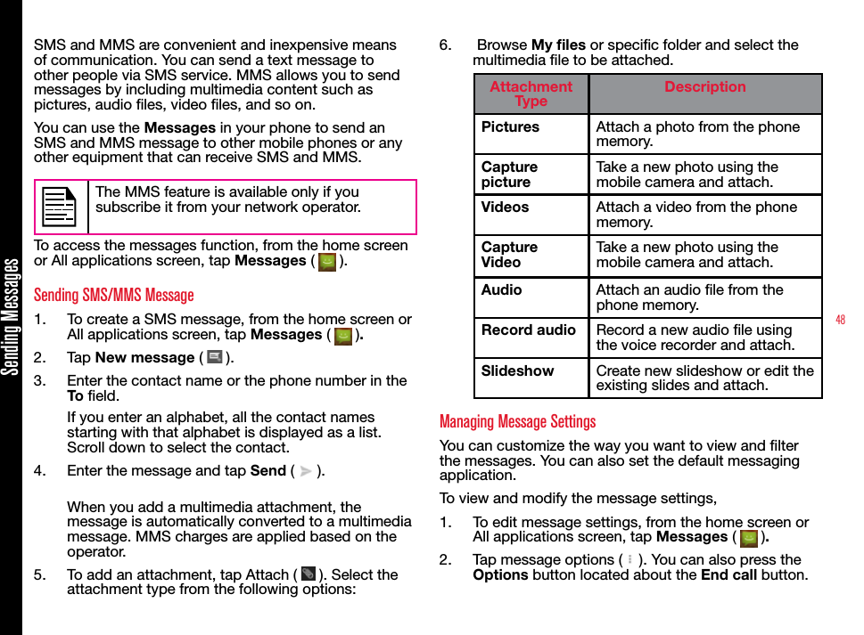 48Sending MessagesSMS and MMS are convenient and inexpensive means of communication. You can send a text message to other people via SMS service. MMS allows you to send messages by including multimedia content such as pictures, audio les, video les, and so on.You can use the Messages in your phone to send an SMS and MMS message to other mobile phones or any other equipment that can receive SMS and MMS. The MMS feature is available only if you subscribe it from your network operator.To access the messages function, from the home screen or All applications screen, tap Messages (   ).Sending SMS/MMS Message1.  To create a SMS message, from the home screen or All applications screen, tap Messages (   ). 2.  Tap New message (   ).3.  Enter the contact name or the phone number in the To eld. If you enter an alphabet, all the contact names starting with that alphabet is displayed as a list. Scroll down to select the contact.4.  Enter the message and tap Send (   ). When you add a multimedia attachment, the message is automatically converted to a multimedia message. MMS charges are applied based on the operator.5.  To add an attachment, tap Attach (   ). Select the attachment type from the following options:6.   Browse My les or specic folder and select the multimedia le to be attached.Attachment TypeDescriptionPictures Attach a photo from the phone memory.Capture pictureTake a new photo using the mobile camera and attach.Videos Attach a video from the phone memory.Capture VideoTake a new photo using the mobile camera and attach. Audio Attach an audio le from the phone memory.Record audio Record a new audio le using the voice recorder and attach. Slideshow Create new slideshow or edit the existing slides and attach.Managing Message SettingsYou can customize the way you want to view and lter the messages. You can also set the default messaging application. To view and modify the message settings,1.  To edit message settings, from the home screen or All applications screen, tap Messages (   ). 2.  Tap message options (   ). You can also press the Options button located about the End call button.