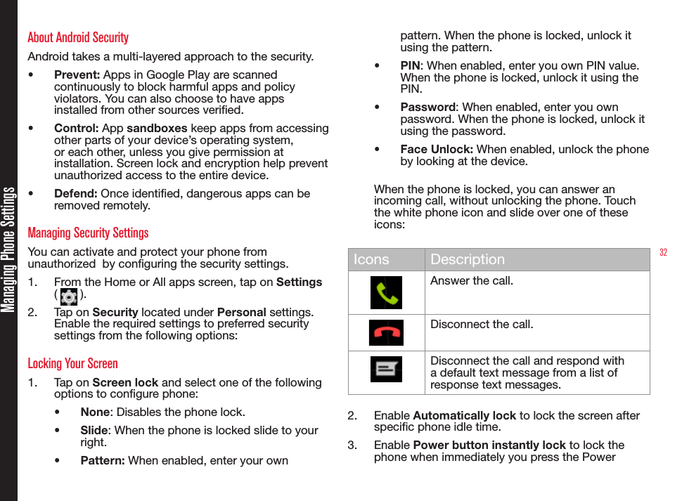32Managing Phone SettingsAbout Android SecurityAndroid takes a multi-layered approach to the security.•  Prevent: Apps in Google Play are scanned continuously to block harmful apps and policy violators. You can also choose to have apps installed from other sources veried.•  Control: App sandboxes keep apps from accessing other parts of your device’s operating system, or each other, unless you give permission at installation. Screen lock and encryption help prevent unauthorized access to the entire device.•  Defend: Once identied, dangerous apps can be removed remotely.Managing Security SettingsYou can activate and protect your phone from unauthorized  by conguring the security settings.1.  From the Home or All apps screen, tap on Settings (   ).2.  Tap on Security located under Personal settings. Enable the required settings to preferred security settings from the following options:Locking Your Screen1.  Tap on Screen lock and select one of the following options to congure phone:•  None: Disables the phone lock.•  Slide: When the phone is locked slide to your right.•  Pattern: When enabled, enter your own pattern. When the phone is locked, unlock it using the pattern.•  PIN: When enabled, enter you own PIN value. When the phone is locked, unlock it using the PIN.•  Password: When enabled, enter you own password. When the phone is locked, unlock it using the password.•  Face Unlock: When enabled, unlock the phone by looking at the device. When the phone is locked, you can answer an incoming call, without unlocking the phone. Touch the white phone icon and slide over one of these icons:Icons DescriptionAnswer the call.Disconnect the call.Disconnect the call and respond with a default text message from a list of response text messages.2.  Enable Automatically lock to lock the screen after specic phone idle time.3.  Enable Power button instantly lock to lock the phone when immediately you press the Power 