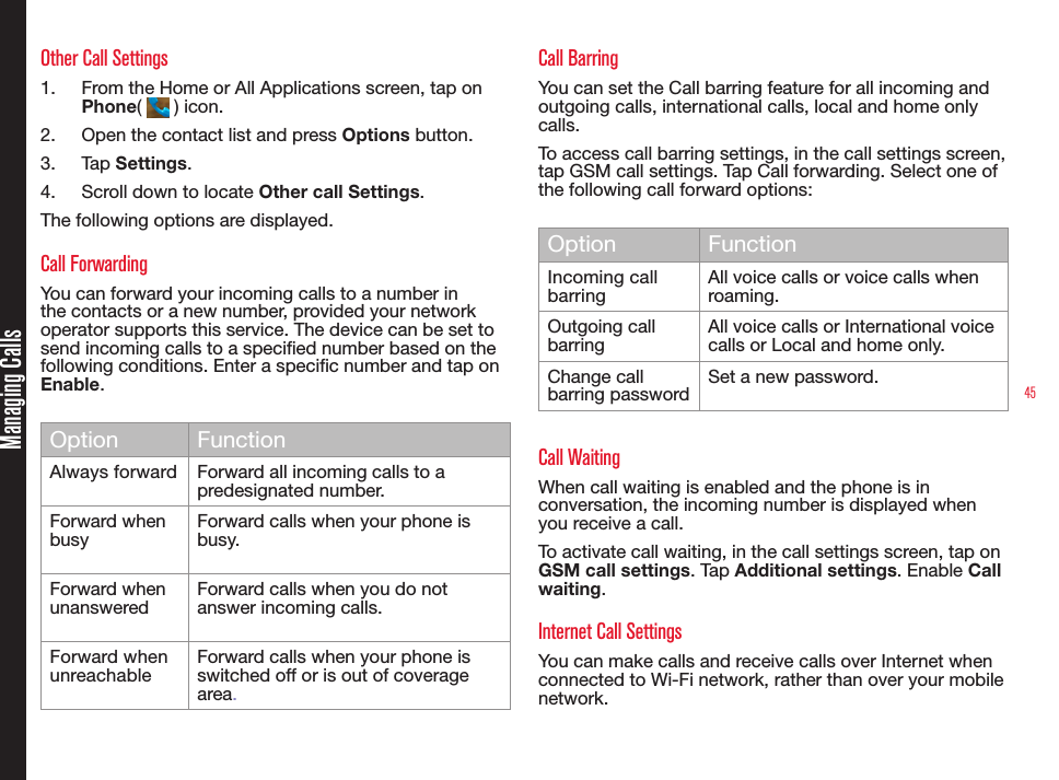 45Other Call Settings1.  From the Home or All Applications screen, tap on Phone(   ) icon.2.  Open the contact list and press Options button.3.  Tap Settings.4.  Scroll down to locate Other call Settings.The following options are displayed.Call ForwardingYou can forward your incoming calls to a number in the contacts or a new number, provided your network operator supports this service. The device can be set to send incoming calls to a specied number based on the following conditions. Enter a specic number and tap on  Enable.Option FunctionAlways forward Forward all incoming calls to a predesignated number.Forward when busy Forward calls when your phone isbusy.Forward when unanswered Forward calls when you do notanswer incoming calls. Forward when unreachable Forward calls when your phone isswitched off or is out of coverage area.Call BarringYou can set the Call barring feature for all incoming and outgoing calls, international calls, local and home only calls.To access call barring settings, in the call settings screen, tap GSM call settings. Tap Call forwarding. Select one of the following call forward options:Option FunctionIncoming call barring All voice calls or voice calls when roaming.Outgoing call barring All voice calls or International voice calls or Local and home only. Change call barring password Set a new password. Call WaitingWhen call waiting is enabled and the phone is in conversation, the incoming number is displayed when you receive a call.To activate call waiting, in the call settings screen, tap on GSM call settings. Tap Additional settings. Enable Call waiting.Internet Call SettingsYou can make calls and receive calls over Internet when connected to Wi-Fi network, rather than over your mobile network. Managing Calls