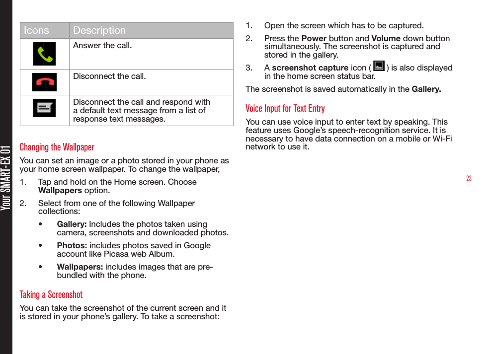 23Icons DescriptionAnswer the call.Disconnect the call.Disconnect the call and respond with a default text message from a list of response text messages.Changing the WallpaperYou can set an image or a photo stored in your phone as  your home screen wallpaper. To change the wallpaper,1.  Tap and hold on the Home screen. Choose Wallpapers option.2.  Select from one of the following Wallpaper collections:•  Gallery: Includes the photos taken using camera, screenshots and downloaded photos.•  Photos: includes photos saved in Google account like Picasa web Album.•  Wallpapers: includes images that are pre-bundled with the phone.Taking a ScreenshotYou can take the screenshot of the current screen and it is stored in your phone’s gallery. To take a screenshot:1.  Open the screen which has to be captured.2.  Press the Power button and Volume down button simultaneously. The screenshot is captured and stored in the gallery. 3.  A screenshot capture icon (   ) is also displayed in the home screen status bar.The screenshot is saved automatically in the Gallery.Voice Input for Text EntryYou can use voice input to enter text by speaking. This feature uses Google’s speech-recognition service. It is necessary to have data connection on a mobile or Wi-Fi network to use it.Your SMART-EX 01