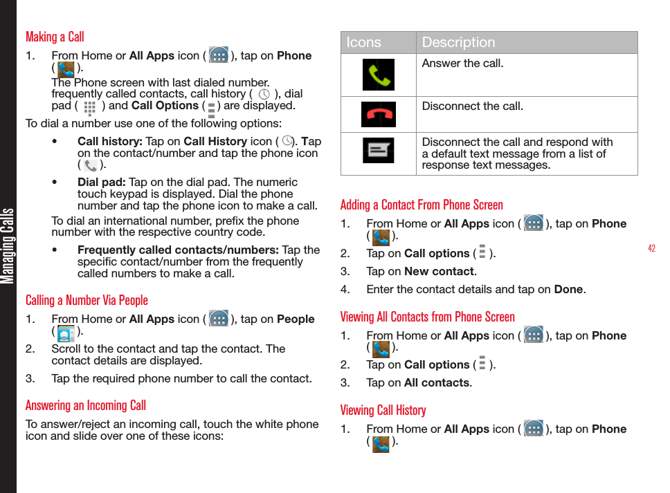 42Making a Call1.  From Home or All Apps icon (   ), tap on Phone (   ).The Phone screen with last dialed number, frequently called contacts, call history (   ), dial pad (   ) and Call Options (   ) are displayed.To dial a number use one of the following options:•  Call history: Tap on Call History icon ( ). Tap on the contact/number and tap the phone icon (   ).•  Dial pad: Tap on the dial pad. The numeric touch keypad is displayed. Dial the phone number and tap the phone icon to make a call.To dial an international number, prex the phone number with the respective country code.•  Frequently called contacts/numbers: Tap the specic contact/number from the frequently called numbers to make a call.Calling a Number Via People1.  From Home or All Apps icon (   ), tap on People (   ).2.  Scroll to the contact and tap the contact. The contact details are displayed.3.  Tap the required phone number to call the contact.Answering an Incoming CallTo answer/reject an incoming call, touch the white phone icon and slide over one of these icons:Icons DescriptionAnswer the call.Disconnect the call.Disconnect the call and respond with a default text message from a list of response text messages.Adding a Contact From Phone Screen1.  From Home or All Apps icon (   ), tap on Phone (   ).2.  Tap on Call options (   ).3.  Tap on New contact.4.  Enter the contact details and tap on Done.Viewing All Contacts from Phone Screen1.  From Home or All Apps icon (   ), tap on Phone (   ).2.  Tap on Call options (   ).3.  Tap on All contacts.Viewing Call History1.  From Home or All Apps icon (   ), tap on Phone (   ).Managing Calls