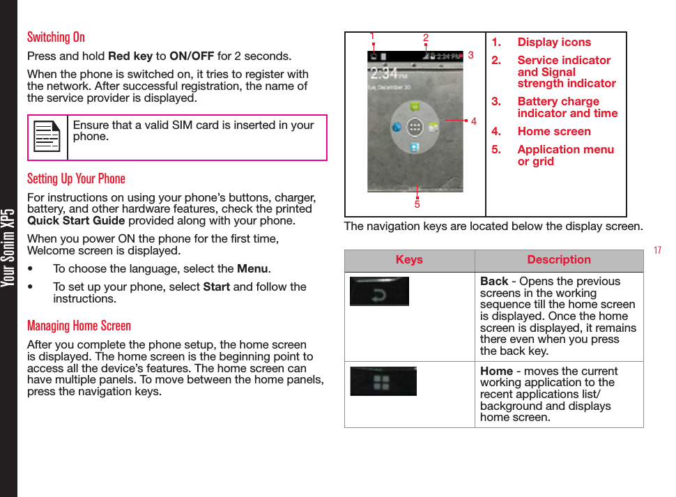17Your Sonim XP5Switching OnPress and hold Red key to ON/OFF for 2 seconds.When the phone is switched on, it tries to register with the network. After successful registration, the name of the service provider is displayed.Ensure that a valid SIM card is inserted in your phone.Setting Up Your PhoneFor instructions on using your phone’s buttons, charger, battery, and other hardware features, check the printed Quick Start Guide provided along with your phone.When you power ON the phone for the rst time, Welcome screen is displayed.•  To choose the language, select the Menu.•  To set up your phone, select Start and follow the instructions.Managing Home ScreenAfter you complete the phone setup, the home screen is displayed. The home screen is the beginning point to access all the device’s features. The home screen can have multiple panels. To move between the home panels, press the navigation keys.1.  Display icons2.  Service indicator and Signal strength indicator3.  Battery charge indicator and time4.  Home screen5.  Application menu or gridThe navigation keys are located below the display screen.Keys DescriptionBack - Opens the previous screens in the working sequence till the home screen is displayed. Once the home screen is displayed, it remains there even when you press the back key.Home - moves the current working application to the recent applications list/background and displays home screen.  1   234  5