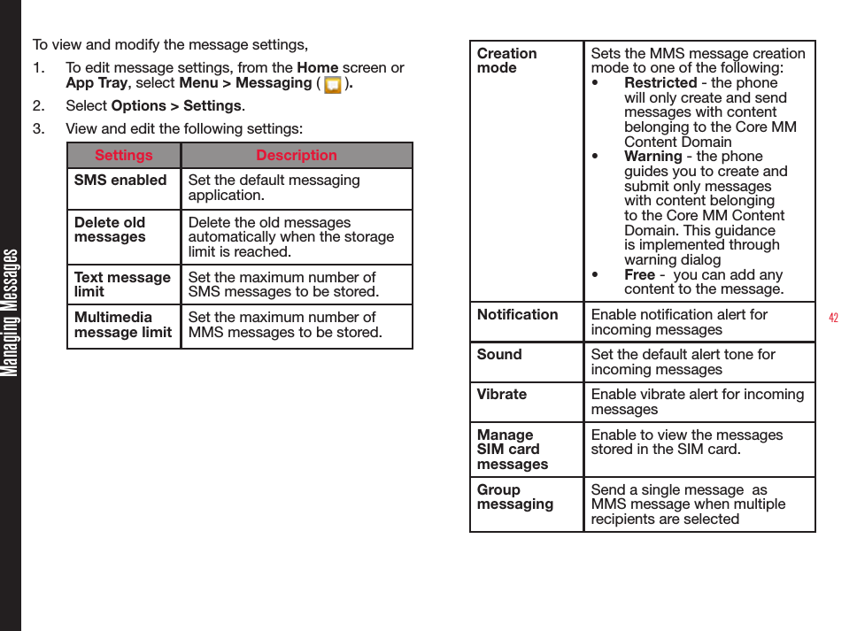 42To view and modify the message settings,1.  To edit message settings, from the Home screen or App Tray, select Menu &gt; Messaging (   ). 2.  Select Options &gt; Settings.3.  View and edit the following settings:Settings DescriptionSMS enabled Set the default messaging application.Delete old messagesDelete the old messages automatically when the storage limit is reached.Text message limitSet the maximum number of SMS messages to be stored.Multimedia message limitSet the maximum number of MMS messages to be stored.Creation modeSets the MMS message creation mode to one of the following:•  Restricted - the phone will only create and send messages with content belonging to the Core MM Content Domain•  Warning - the phone guides you to create and submit only messages with content belonging to the Core MM Content Domain. This guidance is implemented through warning dialog•  Free -  you can add any content to the message.Notification Enable notication alert for incoming messagesSound Set the default alert tone for incoming messagesVibrate Enable vibrate alert for incoming messagesManage SIM card messagesEnable to view the messages stored in the SIM card.Group messagingSend a single message  as MMS message when multiple recipients are selectedManaging Messages