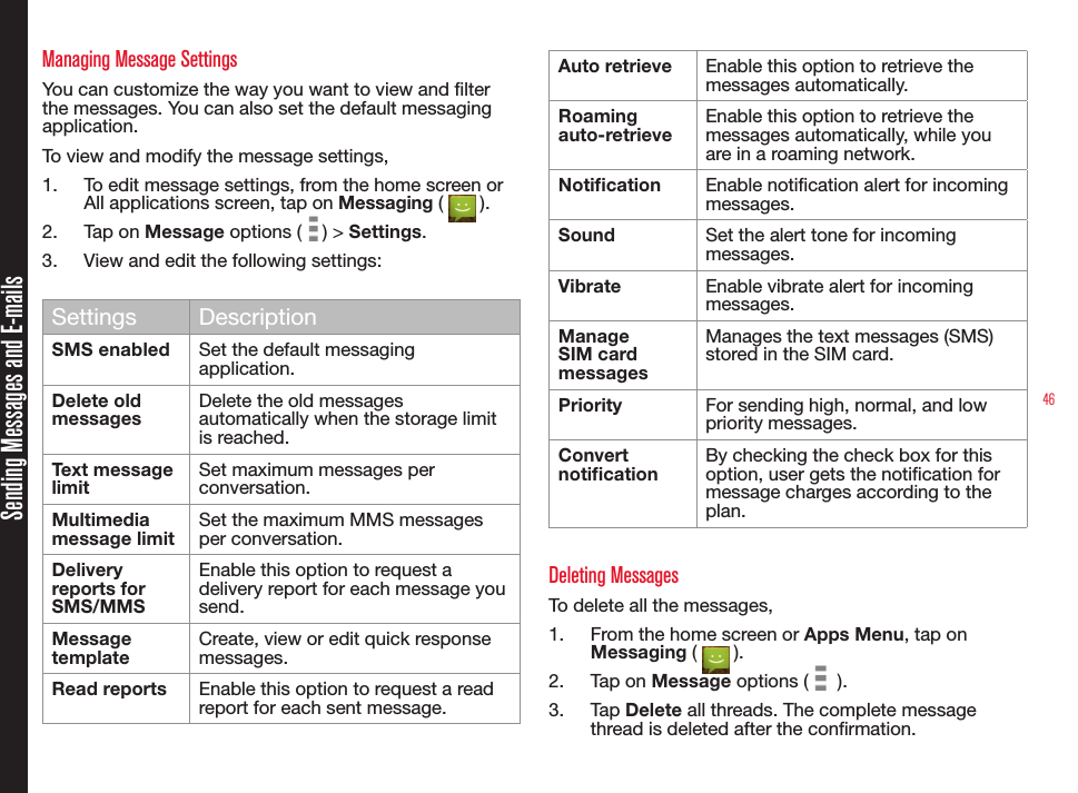 46Managing Message SettingsYou can customize the way you want to view and lter the messages. You can also set the default messaging application.To view and modify the message settings,1.  To edit message settings, from the home screen or All applications screen, tap on Messaging (   ).2.  Tap on Message options (   ) &gt; Settings. 3.  View and edit the following settings:Settings DescriptionSMS enabled  Set the default messaging application.Delete old messagesDelete the old messages automatically when the storage limit is reached.Text message limitSet maximum messages per conversation.Multimedia message limitSet the maximum MMS messages per conversation.Delivery reports for SMS/MMSEnable this option to request a delivery report for each message you send.Message templateCreate, view or edit quick response messages.Read reports Enable this option to request a read report for each sent message. Auto retrieve Enable this option to retrieve the messages automatically.Roaming auto-retrieveEnable this option to retrieve the messages automatically, while you are in a roaming network.Notication Enable notication alert for incoming messages.Sound Set the alert tone for incoming messages.Vibrate Enable vibrate alert for incoming messages.Manage SIM card messages Manages the text messages (SMS) stored in the SIM card.Priority For sending high, normal, and low priority messages.Convert noticationBy checking the check box for this option, user gets the notication for message charges according to the plan.Deleting MessagesTo delete all the messages,1.  From the home screen or Apps Menu, tap on Messaging (   ).2.  Tap on Message options (   ). 3.  Tap Delete all threads. The complete message thread is deleted after the conrmation.Sending Messages and E-mails
