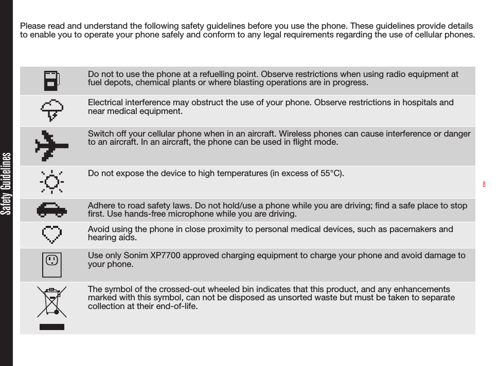 8Please read and understand the following safety guidelines before you use the phone. These guidelines provide details to enable you to operate your phone safely and conform to any legal requirements regarding the use of cellular phones.Do not to use the phone at a refuelling point. Observe restrictions when using radio equipment at fuel depots, chemical plants or where blasting operations are in progress.Electrical interference may obstruct the use of your phone. Observe restrictions in hospitals and near medical equipment.Switch off your cellular phone when in an aircraft. Wireless phones can cause interference or danger to an aircraft. In an aircraft, the phone can be used in flight mode.Do not expose the device to high temperatures (in excess of 55°C).Adhere to road safety laws. Do not hold/use a phone while you are driving; find a safe place to stop first. Use hands-free microphone while you are driving.Avoid using the phone in close proximity to personal medical devices, such as pacemakers and hearing aids. Use only Sonim XP7700 approved charging equipment to charge your phone and avoid damage to your phone.The symbol of the crossed-out wheeled bin indicates that this product, and any enhancements marked with this symbol, can not be disposed as unsorted waste but must be taken to separate collection at their end-of-life.Safety Guidelines