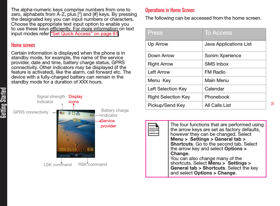 20Getting StartedThe alpha-numeric keys comprise numbers from one to zero, alphabets from A-Z, plus [*] and [#] keys. By pressing the designated key you can input numbers or characters. Choose the appropriate text input option to enable you to use these keys efciently. For more information on text input modes refer “Set Quick Access” on page 61.Home screenCertain information is displayed when the phone is in standby mode, for example, the name of the service provider, date and time, battery charge status, GPRS connectivity. Other indicators may be displayed (if the feature is activated), like the alarm, call forward etc. The device with a fully-charged battery can remain in the standby mode for a duration of XXX hours. Operations in Home ScreenThe following can be accessed from the home screen.Press To AccessUp Arrow Java Applications ListDown Arrow Sonim XperienceRight Arrow SMS InboxLeft Arrow FM RadioMenu  Key Main MenuLeft Selection Key CalendarRight Selection Key PhonebookPickup/Send Key All Calls ListThe four functions that are performed usingthe arrow keys are set as factory defaults,however they can be changed. Select Menu &gt;  Settings &gt; General tab &gt; Shortcuts. Go to the second tab. Select the arrow key and select Options &gt; Change.You can also change many of the shortcuts. Select Menu &gt;  Settings &gt; General tab &gt; Shortcuts. Select the key and select Options &gt; Change. GPRS connectivitySignal strength indicatorDisplay iconsLSK command RSK commandService providerBattery charge  indicator
