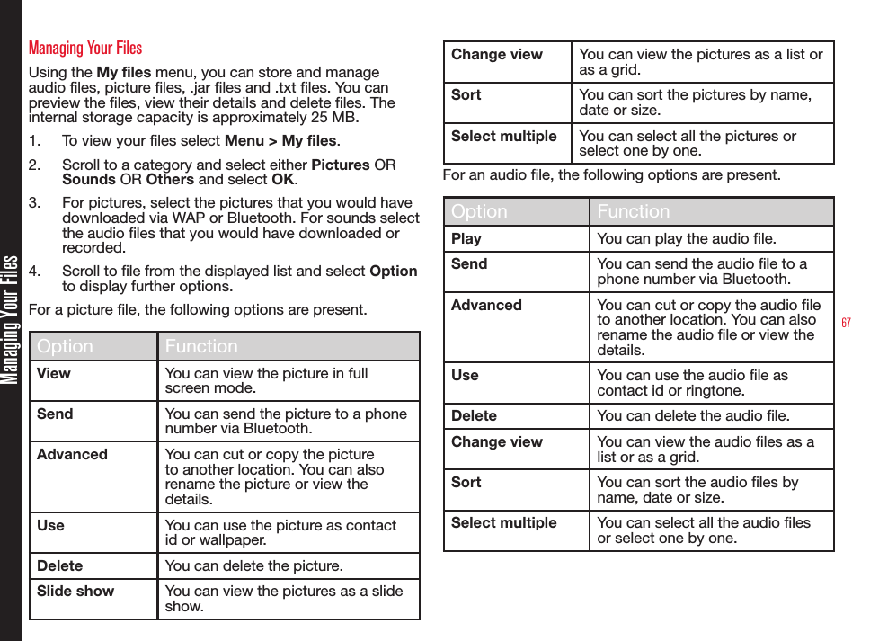 67Managing Your FilesManaging Your FilesUsing the My files menu, you can store and manage audio les, picture les, .jar les and .txt les. You can preview the les, view their details and delete les. The internal storage capacity is approximately 25 MB.1.  To view your les select Menu &gt; My files.2.  Scroll to a category and select either Pictures OR Sounds OR Others and select OK.3.  For pictures, select the pictures that you would have downloaded via WAP or Bluetooth. For sounds select the audio files that you would have downloaded or recorded.4.  Scroll to le from the displayed list and select Option to display further options.For a picture le, the following options are present.Option FunctionView You can view the picture in full screen mode.Send You can send the picture to a phone number via Bluetooth.Advanced You can cut or copy the picture to another location. You can also rename the picture or view the details.Use You can use the picture as contact id or wallpaper.Delete You can delete the picture.Slide show You can view the pictures as a slide show.Change view You can view the pictures as a list or as a grid.Sort You can sort the pictures by name, date or size.Select multiple You can select all the pictures or select one by one.For an audio le, the following options are present.Option FunctionPlay You can play the audio le.Send You can send the audio le to a phone number via Bluetooth.Advanced You can cut or copy the audio le to another location. You can also rename the audio le or view the details.Use You can use the audio le as contact id or ringtone.Delete You can delete the audio le.Change view You can view the audio les as a list or as a grid.Sort You can sort the audio les by name, date or size.Select multiple You can select all the audio les or select one by one.