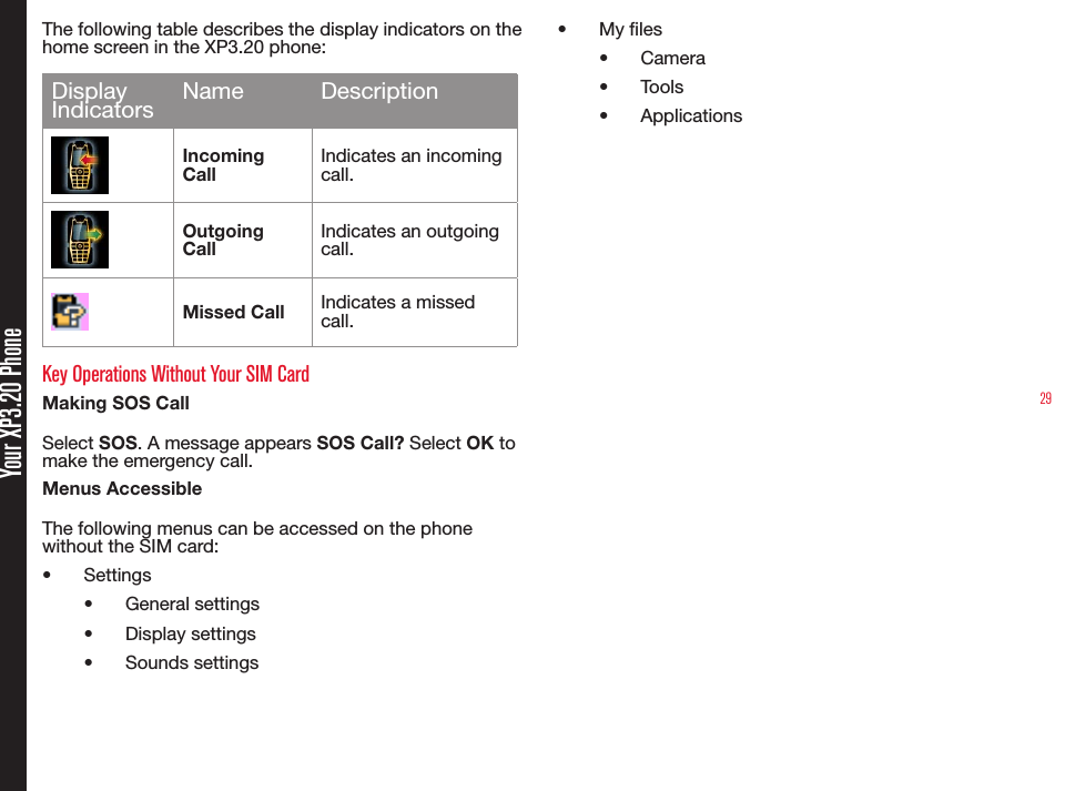 29Your XP3.20 PhoneThe following table describes the display indicators on the home screen in the XP3.20 phone:Display Indicators Name DescriptionIncoming CallIndicates an incoming call.Outgoing CallIndicates an outgoing call.Missed Call Indicates a missed call.Key Operations Without Your SIM CardMaking SOS CallSelect SOS. A message appears SOS Call? Select OK to make the emergency call.Menus AccessibleThe following menus can be accessed on the phone without the SIM card:• Settings• General settings• Display settings• Sounds settings• My les• Camera• Tools• Applications