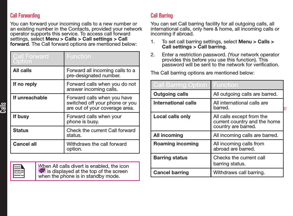 37CallsCall ForwardingYou can forward your incoming calls to a new number or an existing number in the Contacts, provided your network operator supports this service. To access call forward settings, select Menu &gt; Calls &gt; Call settings &gt; Call forward. The Call forward options are mentioned below:Call Forward Option FunctionAll calls Forward all incoming calls to a pre-designated number.If no reply Forward calls when you do not answer incoming calls.If unreachable Forward calls when you have switched off your phone or you are out of your coverage area.If busy Forward calls when your phone is busy.Status Check the current Call forward status.Cancel all Withdraws the call forward option. When All calls divert is enabled, the icon  is displayed at the top of the screen when the phone is in standby mode.Call BarringYou can set Call barring facility for all outgoing calls, all international calls, only here &amp; home, all incoming calls or incoming if abroad.1.  To set call barring settings, select Menu &gt; Calls &gt; Call settings &gt; Call barring.2.  Enter a restriction password. (Your network operator provides this before you use this function). This password will be sent to the network for verication.The Call barring options are mentioned below:Call Barring Option FunctionOutgoing calls All outgoing calls are barred.International calls All international calls are barred.Local calls only All calls except from the current country and the home country are barred.All incoming All incoming calls are barred.Roaming incoming  All incoming calls from abroad are barred.Barring status Checks the current call barring status.Cancel barring Withdraws call barring.