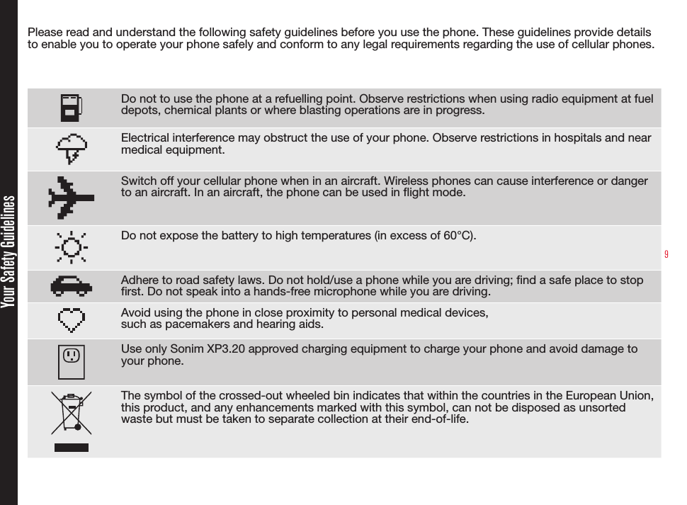 9Please read and understand the following safety guidelines before you use the phone. These guidelines provide details to enable you to operate your phone safely and conform to any legal requirements regarding the use of cellular phones.Do not to use the phone at a refuelling point. Observe restrictions when using radio equipment at fuel depots, chemical plants or where blasting operations are in progress.Electrical interference may obstruct the use of your phone. Observe restrictions in hospitals and near medical equipment.Switch off your cellular phone when in an aircraft. Wireless phones can cause interference or danger to an aircraft. In an aircraft, the phone can be used in flight mode.Do not expose the battery to high temperatures (in excess of 60°C).Adhere to road safety laws. Do not hold/use a phone while you are driving; find a safe place to stop first. Do not speak into a hands-free microphone while you are driving.Avoid using the phone in close proximity to personal medical devices,  such as pacemakers and hearing aids. Use only Sonim XP3.20 approved charging equipment to charge your phone and avoid damage to your phone.The symbol of the crossed-out wheeled bin indicates that within the countries in the European Union, this product, and any enhancements marked with this symbol, can not be disposed as unsorted waste but must be taken to separate collection at their end-of-life.Your Safety Guidelines