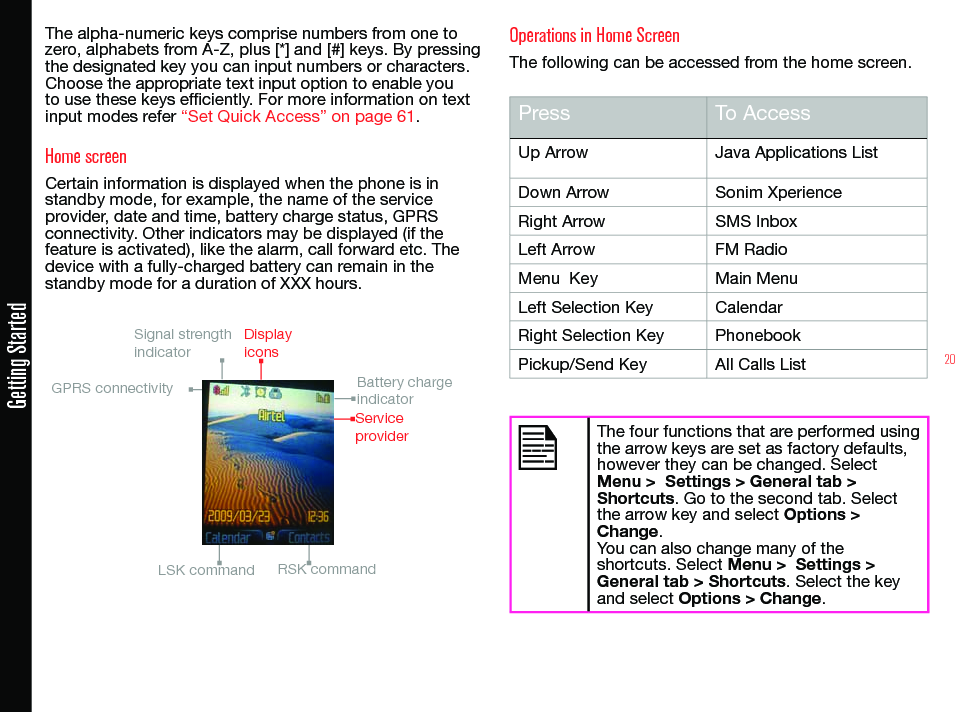 20Getting StartedThe alpha-numeric keys comprise numbers from one to zero, alphabets from A-Z, plus [*] and [#] keys. By pressing the designated key you can input numbers or characters. Choose the appropriate text input option to enable you to use these keys efciently. For more information on text input modes refer “Set Quick Access” on page 61.Home screenCertain information is displayed when the phone is in standby mode, for example, the name of the service provider, date and time, battery charge status, GPRS connectivity. Other indicators may be displayed (if the feature is activated), like the alarm, call forward etc. The device with a fully-charged battery can remain in the standby mode for a duration of XXX hours. Operations in Home ScreenThe following can be accessed from the home screen.Press To AccessUp Arrow Java Applications ListDown Arrow Sonim XperienceRight Arrow SMS InboxLeft Arrow FM RadioMenu  Key Main MenuLeft Selection Key CalendarRight Selection Key PhonebookPickup/Send Key All Calls ListThe four functions that are performed usingthe arrow keys are set as factory defaults,however they can be changed. Select Menu &gt;  Settings &gt; General tab &gt; Shortcuts. Go to the second tab. Select the arrow key and select Options &gt; Change.You can also change many of the shortcuts. Select Menu &gt;  Settings &gt; General tab &gt; Shortcuts. Select the key and select Options &gt; Change. GPRS connectivitySignal strength indicatorDisplay iconsLSK command RSK commandService providerBattery charge  indicator