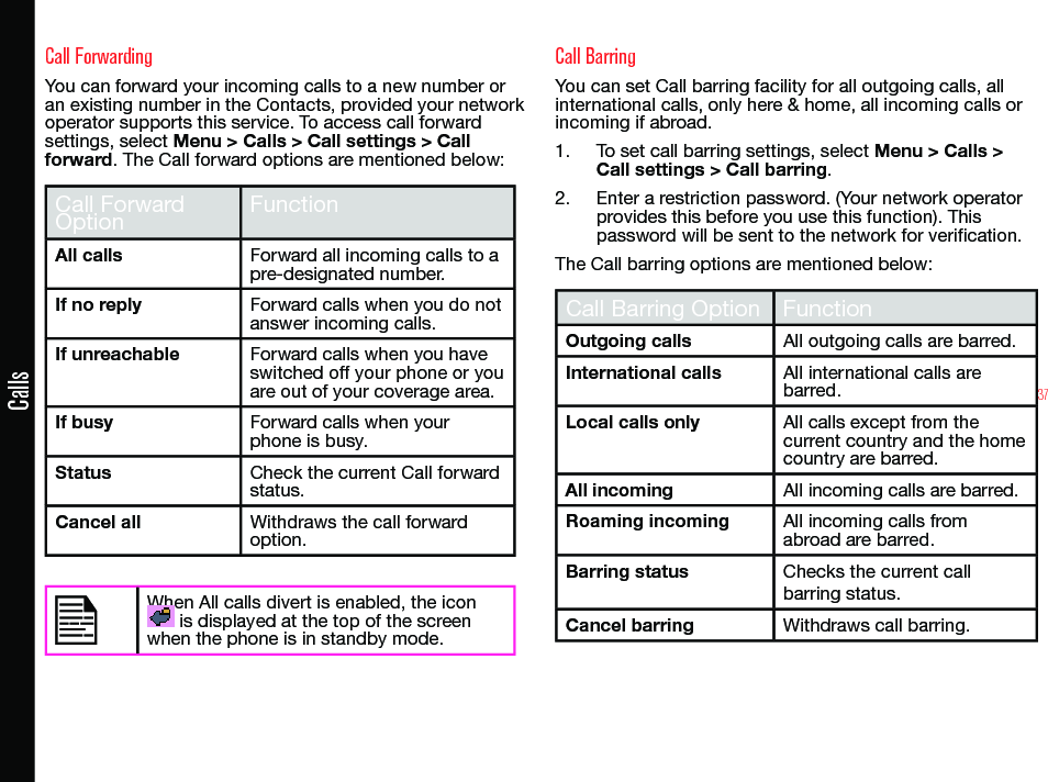 37CallsCall ForwardingYou can forward your incoming calls to a new number or an existing number in the Contacts, provided your network operator supports this service. To access call forward settings, select Menu &gt; Calls &gt; Call settings &gt; Call forward. The Call forward options are mentioned below:Call Forward Option FunctionAll calls Forward all incoming calls to a pre-designated number.If no reply Forward calls when you do not answer incoming calls.If unreachable Forward calls when you have switched off your phone or you are out of your coverage area.If busy Forward calls when your phone is busy.Status Check the current Call forward status.Cancel all Withdraws the call forward option. When All calls divert is enabled, the icon  is displayed at the top of the screen when the phone is in standby mode.Call BarringYou can set Call barring facility for all outgoing calls, all international calls, only here &amp; home, all incoming calls or incoming if abroad.1.  To set call barring settings, select Menu &gt; Calls &gt; Call settings &gt; Call barring.2.  Enter a restriction password. (Your network operator provides this before you use this function). This password will be sent to the network for verication.The Call barring options are mentioned below:Call Barring Option FunctionOutgoing calls All outgoing calls are barred.International calls All international calls are barred.Local calls only All calls except from the current country and the home country are barred.All incoming All incoming calls are barred.Roaming incoming  All incoming calls from abroad are barred.Barring status Checks the current call barring status.Cancel barring Withdraws call barring.