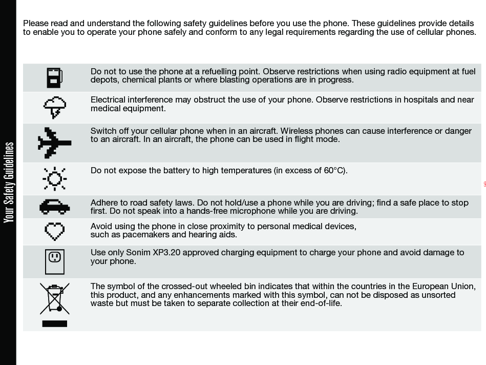 9Please read and understand the following safety guidelines before you use the phone. These guidelines provide details to enable you to operate your phone safely and conform to any legal requirements regarding the use of cellular phones.Do not to use the phone at a refuelling point. Observe restrictions when using radio equipment at fuel depots, chemical plants or where blasting operations are in progress.Electrical interference may obstruct the use of your phone. Observe restrictions in hospitals and near medical equipment.Switch off your cellular phone when in an aircraft. Wireless phones can cause interference or danger to an aircraft. In an aircraft, the phone can be used in flight mode.Do not expose the battery to high temperatures (in excess of 60°C).Adhere to road safety laws. Do not hold/use a phone while you are driving; find a safe place to stop first. Do not speak into a hands-free microphone while you are driving.Avoid using the phone in close proximity to personal medical devices,  such as pacemakers and hearing aids. Use only Sonim XP3.20 approved charging equipment to charge your phone and avoid damage to your phone.The symbol of the crossed-out wheeled bin indicates that within the countries in the European Union, this product, and any enhancements marked with this symbol, can not be disposed as unsorted waste but must be taken to separate collection at their end-of-life.Your Safety Guidelines