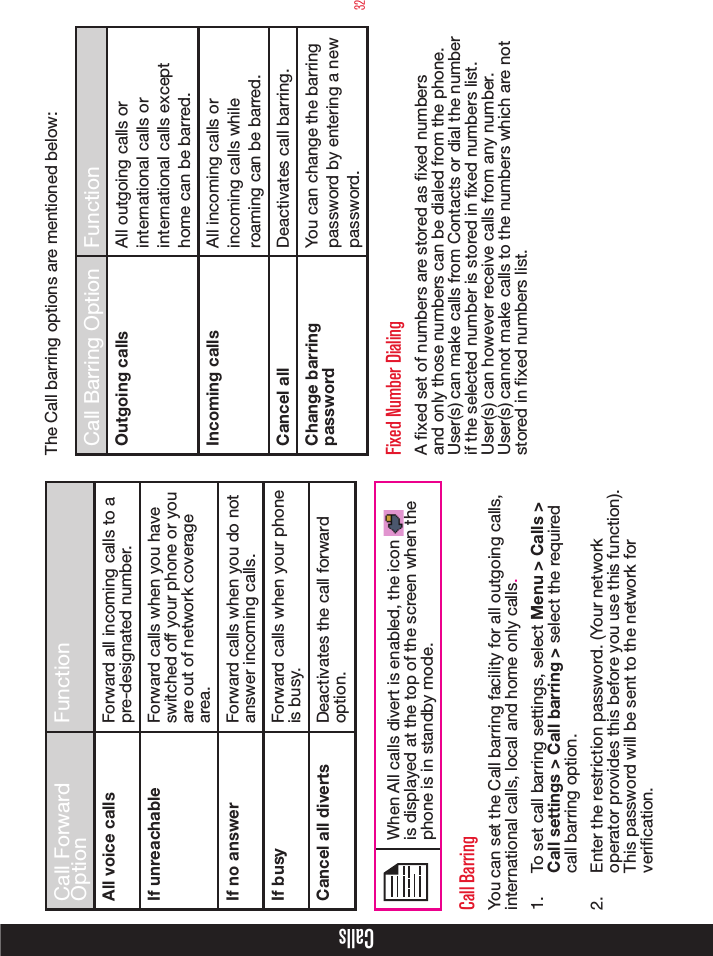 32CallsCall Forward Option FunctionAll voice calls Forward all incoming calls to a pre-designated number.If unreachable Forward calls when you have switched off your phone or you are out of network coverage area.If no answer Forward calls when you do not answer incoming calls.If busy Forward calls when your phone is busy.Cancel all diverts Deactivates the call forward option.When All calls divert is enabled, the icon   is displayed at the top of the screen when the phone is in standby mode.Call BarringYou can set the Call barring facility for all outgoing calls, international calls, local and home only calls.1.  To set call barring settings, select Menu &gt; Calls &gt; Call settings &gt; Call barring &gt; select the required call barring option.2.  Enter the restriction password. (Your network operator provides this before you use this function). This password will be sent to the network for verication.The Call barring options are mentioned below:Call Barring Option FunctionOutgoing calls All outgoing calls or international calls or international calls except home can be barred. Incoming calls All incoming calls or  incoming calls while roaming can be barred.Cancel all Deactivates call barring.Change barring passwordYou can change the barring password by entering a new password. Fixed Number DialingA xed set of numbers are stored as xed numbers and only those numbers can be dialed from the phone. User(s) can make calls from Contacts or dial the number if the selected number is stored in xed numbers list. User(s) can however receive calls from any number. User(s) cannot make calls to the numbers which are not stored in xed numbers list.