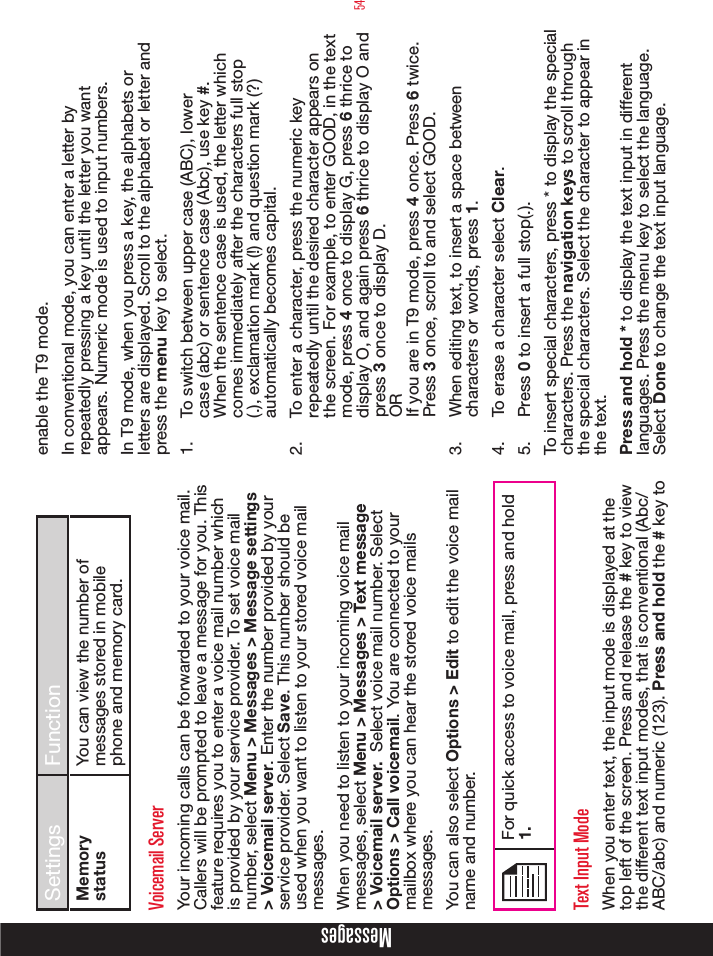54MessagesSettings FunctionMemory statusYou can view the number of messages stored in mobile phone and memory card.Voicemail ServerYour incoming calls can be forwarded to your voice mail. Callers will be prompted to leave a message for you. This feature requires you to enter a voice mail number which is provided by your service provider. To set voice mail number, select Menu &gt; Messages &gt; Message settings &gt; Voicemail server. Enter the number provided by your service provider. Select Save. This number should be used when you want to listen to your stored voice mail messages. When you need to listen to your incoming voice mail messages, select Menu &gt; Messages &gt; Text message &gt; Voicemail server.  Select voice mail number. Select Options &gt; Call voicemail. You are connected to your mailbox where you can hear the stored voice mails messages. You can also select Options &gt; Edit to edit the voice mail name and number.For quick access to voice mail, press and hold 1.Text Input ModeWhen you enter text, the input mode is displayed at the top left of the screen. Press and release the # key to view the different text input modes, that is conventional (Abc/ABC/abc) and numeric (123). Press and hold the # key to enable the T9 mode.In conventional mode, you can enter a letter by repeatedly pressing a key until the letter you want appears. Numeric mode is used to input numbers.In T9 mode, when you press a key, the alphabets or letters are displayed. Scroll to the alphabet or letter and press the menu key to select.1.  To switch between upper case (ABC), lower case (abc) or sentence case (Abc), use key #. When the sentence case is used, the letter which comes immediately after the characters full stop (.), exclamation mark (!) and question mark (?) automatically becomes capital.2.  To enter a character, press the numeric key repeatedly until the desired character appears on the screen. For example, to enter GOOD, in the text mode, press 4 once to display G, press 6 thrice to display O, and again press 6 thrice to display O and press 3 once to display D.OR If you are in T9 mode, press 4 once. Press 6 twice. Press 3 once, scroll to and select GOOD.3.  When editing text, to insert a space between characters or words, press 1.4.  To erase a character select Clear.5.  Press 0 to insert a full stop(.). To insert special characters, press * to display the special characters. Press the navigation keys to scroll through the special characters. Select the character to appear in the text. Press and hold * to display the text input in different languages. Press the menu key to select the language. Select Done to change the text input language.