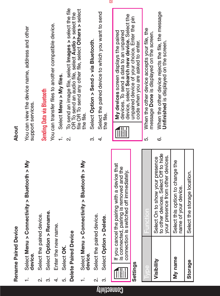 63Rename Paired Device1.  Select Menu &gt; Connectivity &gt; Bluetooth &gt; My device.2.  Select the paired device.3.  Select Option &gt; Rename.4.  Enter the new name.5.  Select OK.Delete Paired Device1.  Select Menu &gt; Connectivity &gt; Bluetooth &gt; My device.2.  Select the paired device.3.  Select Option &gt; Delete.If you cancel the pairing with a device that is connected, pairing is removed and the connection is switched off immediately.SettingsType FunctionVisibility Select On to show your presence to other devices. Select Off to hide your presence from other devices.My name Select this option to change the name of your device.Storage Select the storage location.AboutYou can view the device name, address and other support services.Sending Data via BluetoothYou can transfer les to another compatible device.1.  Select Menu &gt; My files.2.  To send an image le, select Images &gt; select the le OR To send an audio le, select Audio &gt; select the le OR To send any other le, select Others &gt; select the le.3.  Select Option &gt; Send &gt; via Bluetooth.4.  Select the paired device to which you want to send the le.My devices screen displays the paired devices. To send a data to an unpaired device, select Search new device. Select the unpaired device of your choice. Enter the pin code when you are asked to enter.5.  When the other device accepts your le, the message Done is displayed on the screen.6.  When the other device rejects the le, the message Unfinished is displayed on the screen.Connectivity