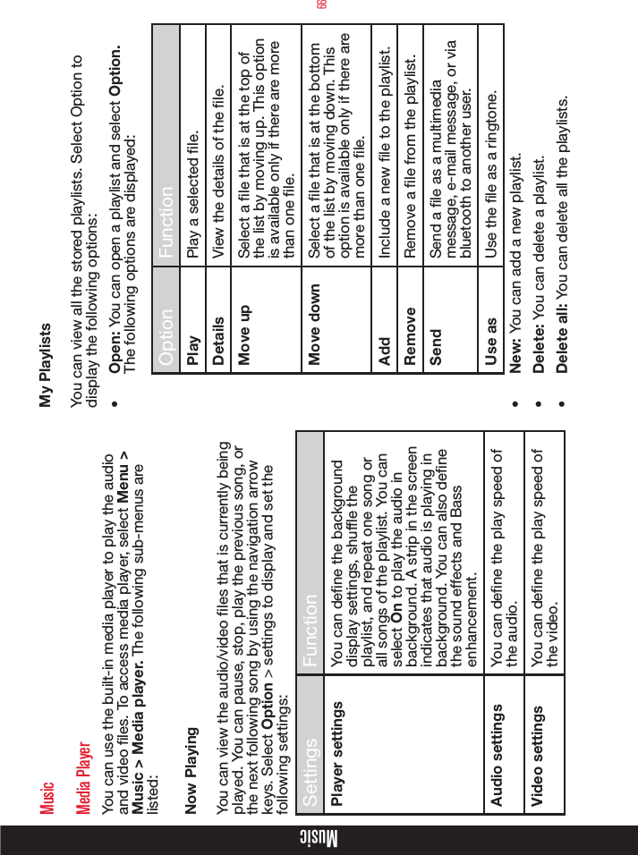 66MusicMusicMedia PlayerYou can use the built-in media player to play the audio and video les. To access media player, select Menu &gt; Music &gt; Media player. The following sub-menus are listed:Now PlayingYou can view the audio/video files that is currently being played. You can pause, stop, play the previous song, or the next following song by using the navigation arrow keys. Select Option &gt; settings to display and set the following settings:Settings FunctionPlayer settings You can dene the background display settings, shufe the playlist, and repeat one song or all songs of the playlist. You can select On to play the audio in background. A strip in the screen indicates that audio is playing in background. You can also dene the sound effects and Bass enhancement.Audio settings You can dene the play speed of the audio.Video settings You can dene the play speed of the video.My PlaylistsYou can view all the stored playlists. Select Option to display the following options:•  Open: You can open a playlist and select Option. The following options are displayed:Option FunctionPlay Play a selected le.Details View the details of the le.Move up Select a le that is at the top of the list by moving up. This option is available only if there are more than one le. Move down Select a le that is at the bottom of the list by moving down. This option is available only if there are more than one le.Add Include a new le to the playlist.Remove Remove a le from the playlist.Send Send a le as a multimedia message, e-mail message, or via bluetooth to another user.Use as Use the le as a ringtone.•  New: You can add a new playlist.•  Delete: You can delete a playlist.•  Delete all: You can delete all the playlists.
