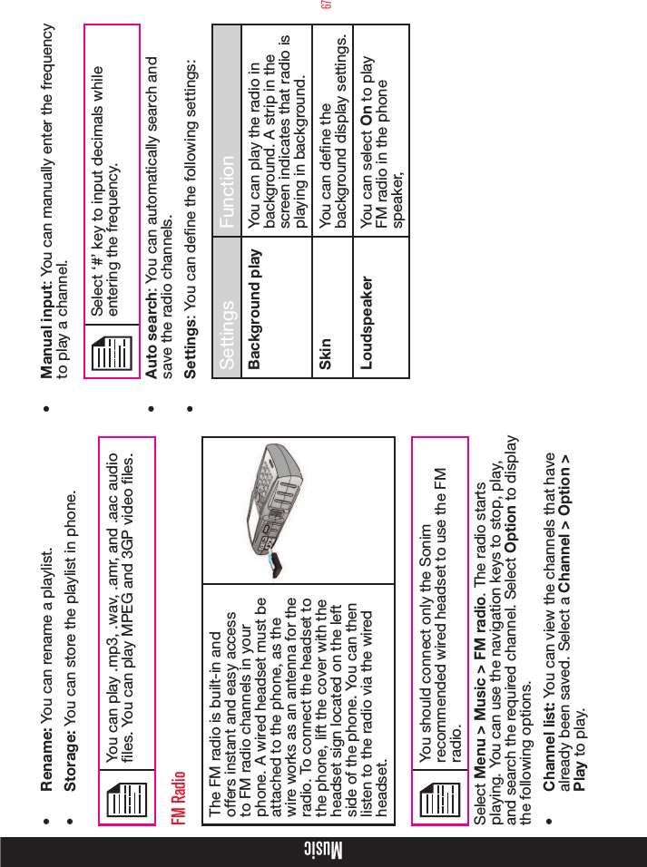 67•  Rename: You can rename a playlist.•  Storage: You can store the playlist in phone.You can play .mp3, .wav, .amr, and .aac audio files. You can play MPEG and 3GP video files.FM RadioThe FM radio is built-in and offers instant and easy access to FM radio channels in your phone. A wired headset must be attached to the phone, as the wire works as an antenna for the radio. To connect the headset to the phone, lift the cover with the headset sign located on the left side of the phone. You can then listen to the radio via the wired headset.You should connect only the Sonim recommended wired headset to use the FM radio.Select Menu &gt; Music &gt; FM radio. The radio starts playing. You can use the navigation keys to stop, play, and search the required channel. Select Option to display the following options.•  Channel list: You can view the channels that have already been saved. Select a Channel &gt; Option &gt; Play to play.•  Manual input: You can manually enter the frequency to play a channel. Select ‘#’ key to input decimals while entering the frequency.•  Auto search: You can automatically search and save the radio channels.•  Settings: You can dene the following settings: Settings FunctionBackground play You can play the radio in background. A strip in the screen indicates that radio is playing in background.Skin You can dene the background display settings.Loudspeaker You can select On to play FM radio in the phone speaker,Music