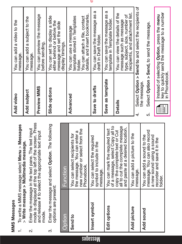 47MMS Messages 1.  To write a MMS message select Menu &gt; Messages &gt; Write message &gt; Multimedia message. 2.  Enter the message in the text pane. The text input mode is displayed at the top left of the screen. Press and release # to select the appropriate text input mode.3.  Enter the message and select Option. The following options are present:Option FunctionSend to You can select recipients for the message. You can enter a new number or select from the Phonebook.Insert symbol You can select the required symbol to include in the message.Edit options You can mark the required text of a message, select Copy all to copy the complete text or Cut all to cut the complete message and paste at a desired location. Add picture You can add a picture to the message.Add sound You can add a sound to the message. You can also record a new sound using a sound recorder and save it in the folder.Add video You can add a video to the message.Add subject You can add a subject to the message.Preview MMS You can preview the message before sending.Slide options You can set to display a slide either behind or before the message and set the slide display timings.Advanced You can use a message template stored in Templates folder.You can attach a le, contact details, and insert bookmarks. Save to drafts You can save the message as a draft in Draft folder.Save as template You can save the message as a template in Template folder.Details You can view the details of the message such as message type, subject, size, number of recipients, and attachment list.4.  Select Option &gt; Send to and select the recipients of the message. 5.  Select Option &gt; Send, to send the message. Instead of selecting Option, press the menu key to quickly send the message to a number in Phonebook.Messages