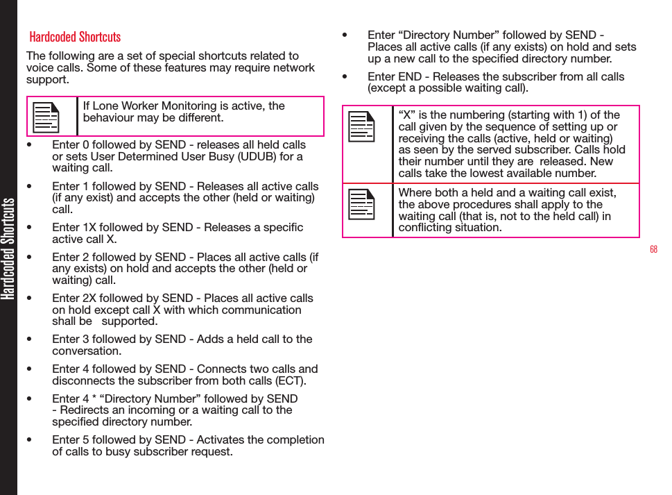 68Hardcoded Shortcuts Hardcoded ShortcutsThe following are a set of special shortcuts related to voice calls. Some of these features may require network support.If Lone Worker Monitoring is active, the behaviour may be different.• Enter 0 followed by SEND - releases all held calls or sets User Determined User Busy (UDUB) for a waiting call.• Enter 1 followed by SEND - Releases all active calls (if any exist) and accepts the other (held or waiting) call. • Enter 1X followed by SEND - Releases a specic active call X. • Enter 2 followed by SEND - Places all active calls (if any exists) on hold and accepts the other (held or waiting) call.• Enter 2X followed by SEND - Places all active calls on hold except call X with which communication shall be   supported.• Enter 3 followed by SEND - Adds a held call to the conversation.• Enter 4 followed by SEND - Connects two calls and disconnects the subscriber from both calls (ECT).• Enter 4 * “Directory Number” followed by SEND - Redirects an incoming or a waiting call to the specied directory number.• Enter 5 followed by SEND - Activates the completion of calls to busy subscriber request.• Enter “Directory Number” followed by SEND - Places all active calls (if any exists) on hold and sets up a new call to the specied directory number. • Enter END - Releases the subscriber from all calls (except a possible waiting call). “X” is the numbering (starting with 1) of the call given by the sequence of setting up or receiving the calls (active, held or waiting) as seen by the served subscriber. Calls hold their number until they are  released. New calls take the lowest available number.Where both a held and a waiting call exist, the above procedures shall apply to the waiting call (that is, not to the held call) in conicting situation.