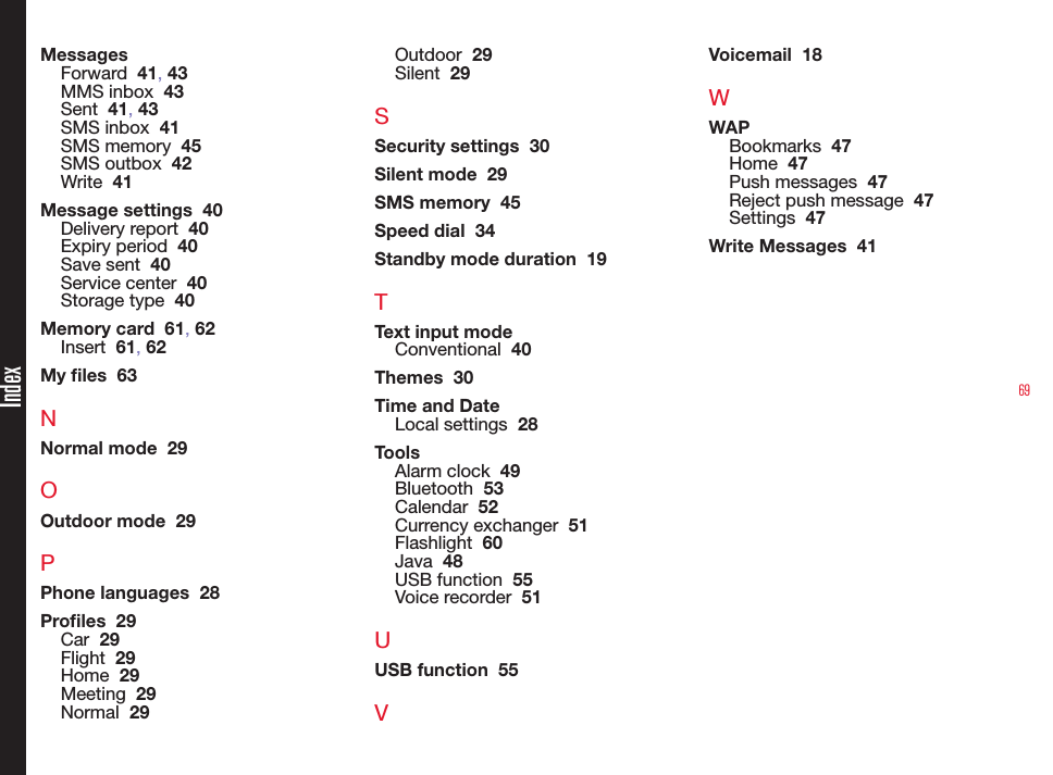 69MessagesForward  41, 43MMS inbox  43Sent  41, 43SMS inbox  41SMS memory  45SMS outbox  42Write  41Message settings  40Delivery report  40Expiry period  40Save sent  40Service center  40Storage type  40Memory card  61, 62Insert  61, 62My les  63NNormal mode  29OOutdoor mode  29PPhone languages  28Proles  29Car  29Flight  29Home  29Meeting  29Normal  29Outdoor  29Silent  29SSecurity settings  30Silent mode  29SMS memory  45Speed dial  34Standby mode duration  19TText input modeConventional  40Themes  30Time and DateLocal settings  28ToolsAlarm clock  49Bluetooth  53Calendar  52Currency exchanger  51Flashlight  60Java  48USB function  55Voice recorder  51UUSB function  55VVoicemail  18WWAPBookmarks  47Home  47Push messages  47Reject push message  47Settings  47Write Messages  41Index