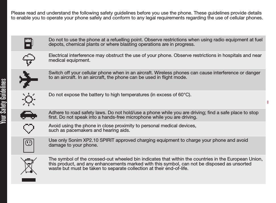 8Please read and understand the following safety guidelines before you use the phone. These guidelines provide details to enable you to operate your phone safely and conform to any legal requirements regarding the use of cellular phones.Do not to use the phone at a refuelling point. Observe restrictions when using radio equipment at fuel depots, chemical plants or where blasting operations are in progress.Electrical interference may obstruct the use of your phone. Observe restrictions in hospitals and near medical equipment.Switch off your cellular phone when in an aircraft. Wireless phones can cause interference or danger to an aircraft. In an aircraft, the phone can be used in flight mode.Do not expose the battery to high temperatures (in excess of 60°C).Adhere to road safety laws. Do not hold/use a phone while you are driving; find a safe place to stop first. Do not speak into a hands-free microphone while you are driving.Avoid using the phone in close proximity to personal medical devices,  such as pacemakers and hearing aids. Use only Sonim XP2.10 SPIRIT approved charging equipment to charge your phone and avoid damage to your phone.The symbol of the crossed-out wheeled bin indicates that within the countries in the European Union, this product, and any enhancements marked with this symbol, can not be disposed as unsorted waste but must be taken to separate collection at their end-of-life.Your Safety Guidelines