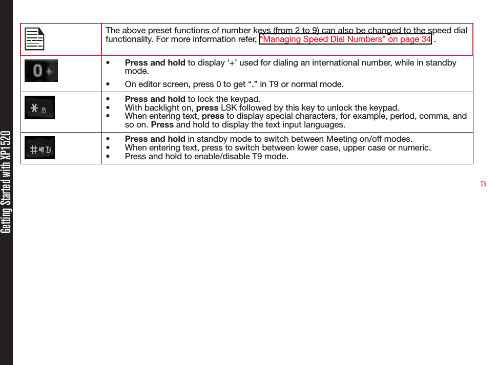 25Getting Started with XP1520The above preset functions of number keys (from 2 to 9) can also be changed to the speed dial functionality. For more information refer, “Managing Speed Dial Numbers” on page 34 .•  Press and hold to display ‘+’ used for dialing an international number, while in standby mode.•  On editor screen, press 0 to get “.” in T9 or normal mode.•  Press and hold to lock the keypad.•  With backlight on, press LSK followed by this key to unlock the keypad. •  When entering text, press to display special characters, for example, period, comma, and so on. Press and hold to display the text input languages.•  Press and hold in standby mode to switch between Meeting on/off modes.•  When entering text, press to switch between lower case, upper case or numeric. •  Press and hold to enable/disable T9 mode.