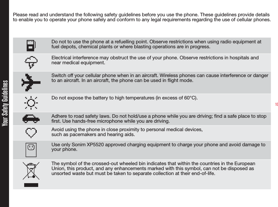 10Please read and understand the following safety guidelines before you use the phone. These guidelines provide details to enable you to operate your phone safely and conform to any legal requirements regarding the use of cellular phones.Do not to use the phone at a refuelling point. Observe restrictions when using radio equipment at fuel depots, chemical plants or where blasting operations are in progress.Electrical interference may obstruct the use of your phone. Observe restrictions in hospitals and near medical equipment.Switch off your cellular phone when in an aircraft. Wireless phones can cause interference or danger to an aircraft. In an aircraft, the phone can be used in flight mode.Do not expose the battery to high temperatures (in excess of 60°C).Adhere to road safety laws. Do not hold/use a phone while you are driving; find a safe place to stop first. Use hands-free microphone while you are driving.Avoid using the phone in close proximity to personal medical devices,  such as pacemakers and hearing aids. Use only Sonim XP5520 approved charging equipment to charge your phone and avoid damage to your phone.The symbol of the crossed-out wheeled bin indicates that within the countries in the European Union, this product, and any enhancements marked with this symbol, can not be disposed as unsorted waste but must be taken to separate collection at their end-of-life.Your Safety Guidelines