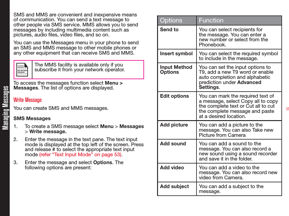 51Managing MessagesSMS and MMS are convenient and inexpensive means of communication. You can send a text message to other people via SMS service. MMS allows you to send messages by including multimedia content such as pictures, audio les, video les, and so on.You can use the Messages menu in your phone to send an SMS and MMS message to other mobile phones or any other equipment that can receive SMS and MMS. The MMS facility is available only if you subscribe it from your network operator.To access the messages function select Menu &gt; Messages. The list of options are displayed.Write MessageYou can create SMS and MMS messages. SMS Messages 1.  To create a SMS message select Menu &gt; Messages &gt; Write message. 2.  Enter the message in the text pane. The text input mode is displayed at the top left of the screen. Press and release # to select the appropriate text input mode (refer “Text Input Mode” on page 53).3.  Enter the message and select Options. The following options are present:Options FunctionSend to You can select recipients for the message. You can enter a new number or select from the Phonebook.Insert symbol You can select the required symbol to include in the message.Input Method OptionsYou can set the input options to T9, add a new T9 word or enable auto completion and alphabetic prediction under Advanced Settings.Edit options You can mark the required text of a message, select Copy all to copy the complete text or Cut all to cut the complete message and paste at a desired location. Add picture You can add a picture to the message. You can also Take new Picture from CameraAdd sound You can add a sound to the message. You can also record a new sound using a sound recorder and save it in the folder.Add video You can add a video to the message. You can also record new video from Camera.Add subject You can add a subject to the message.