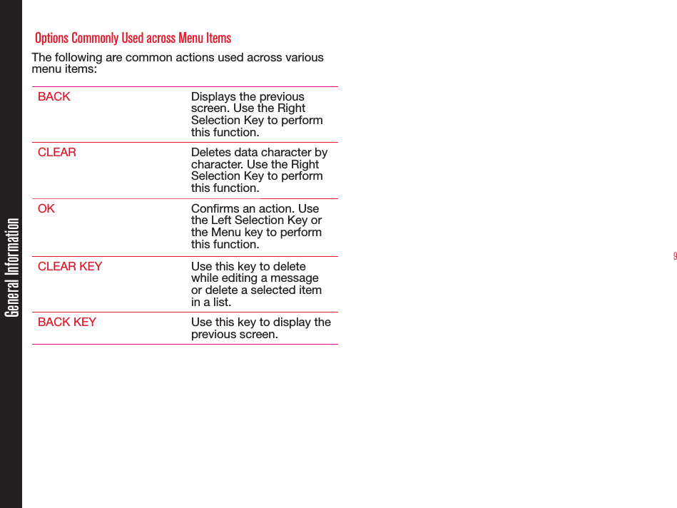 9 Options Commonly Used across Menu ItemsThe following are common actions used across various menu items:BACK Displays the previous screen. Use the Right Selection Key to perform this function.CLEAR Deletes data character by character. Use the Right Selection Key to perform this function.OK Conrms an action. Use the Left Selection Key or the Menu key to perform this function.CLEAR KEY Use this key to delete while editing a message or delete a selected item in a list.BACK KEY Use this key to display the previous screen.General Information