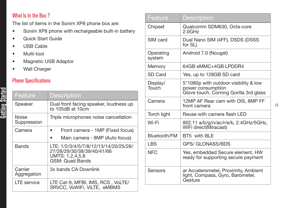 16What Is In the Box ?The list of items in the Sonim XP8 phone box are:•  Sonim XP8 phone with rechargeable built-in battery•  Quick Start Guide•  USB Cable•  Multi-tool•  Magnetic USB Adaptor•  Wall ChargerPhone SpecificationsFeature DescriptionSpeaker Dual front facing speaker, loudness up to 105dB at 10cmNoise Suppression Triple microphones noise cancellationCamera •  Front camera - 1MP (Fixed focus)•  Main camera - 8MP (Auto focus)Bands LTE: 1/2/3/4/5/7/8/12/13/14/20/25/26/27/28/29/30/38/39/40/41/66UMTS: 1,2,4,5,8GSM: Quad BandsCarrier Aggregation 3x bands CA Downlink LTE service LTE Cat-9, MFBI, IMS, RCS , VoLTE/SRVCC, VoWiFi, ViLTE,  eMBMSFeature DescriptionChipset Qualcomm SDM630, Octa-core 2.0GHzSIM card Dual Nano SIM (4FF), DSDS (DSSS for SL)Operating system Android 7.0 (Nougat) Memory 64GB eMMC+4GB LPDDR4 SD Card Yes, up to 128GB SD cardDisplay/Touch 5&quot;1080p with outdoor visibility &amp; low power consumptionGlove touch, Corning Gorilla 3rd glassCamera 12MP AF Rear cam with OIS, 8MP FF front cameraTorch light Reuse with camera ash LEDWi-Fi 802.11 a/b/g/n/ac/r/e/k, 2.4GHz/5GHz, WiFi direct(Miracast)Bluetooth/FM BT5  with BLE LBS GPS/ GLONASS/BDSNFC Yes, embedded Secure element, HW ready for supporting secure paymentSensors ar Accelerometer, Proximity, Ambient light, Compass, Gyro, Barometer, GestureGetting Started