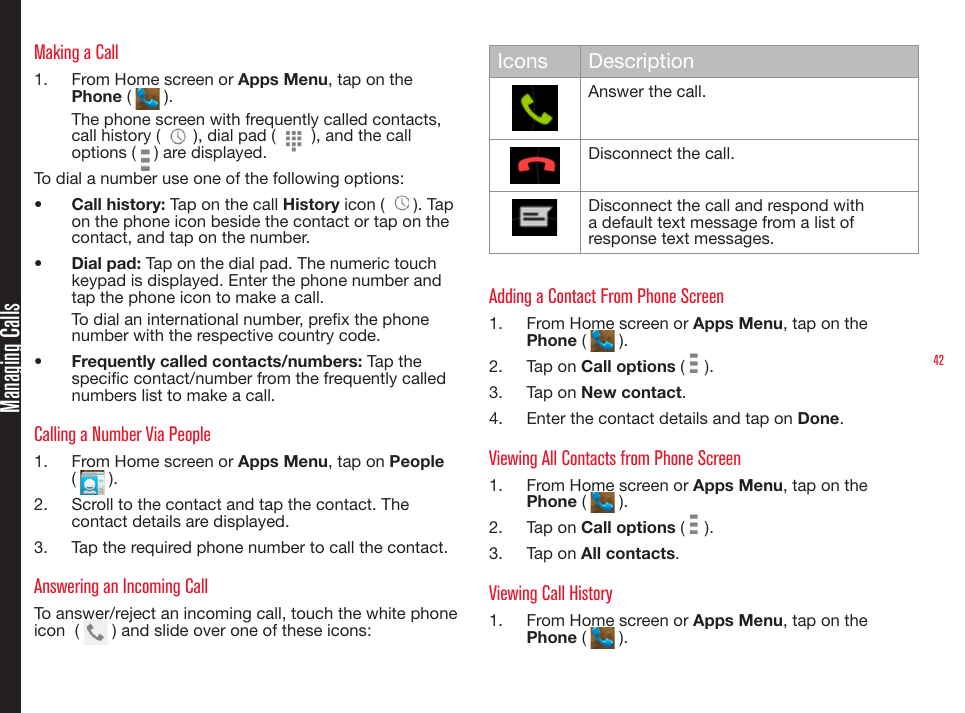 42Making a Call1.  From Home screen or Apps Menu, tap on the Phone (   ).The phone screen with frequently called contacts, call history (   ), dial pad (   ), and the call options (   ) are displayed.To dial a number use one of the following options:•  Call history: Tap on the call History icon (   ). Tap on the phone icon beside the contact or tap on the contact, and tap on the number.•  Dial pad: Tap on the dial pad. The numeric touch keypad is displayed. Enter the phone number and tap the phone icon to make a call.To dial an international number, prex the phone number with the respective country code.•  Frequently called contacts/numbers: Tap the specic contact/number from the frequently called numbers list to make a call.Calling a Number Via People1.  From Home screen or Apps Menu, tap on People (   ).2.  Scroll to the contact and tap the contact. The contact details are displayed.3.  Tap the required phone number to call the contact.Answering an Incoming CallTo answer/reject an incoming call, touch the white phone  icon  (   ) and slide over one of these icons:Icons DescriptionAnswer the call.Disconnect the call.Disconnect the call and respond with a default text message from a list of response text messages.Adding a Contact From Phone Screen1.  From Home screen or Apps Menu, tap on the Phone (   ).2.  Tap on Call options (   ).3.  Tap on New contact.4.  Enter the contact details and tap on Done.Viewing All Contacts from Phone Screen1.  From Home screen or Apps Menu, tap on the Phone (   ).2.  Tap on Call options (   ).3.  Tap on All contacts.Viewing Call History1.  From Home screen or Apps Menu, tap on the Phone (   ).Managing Calls
