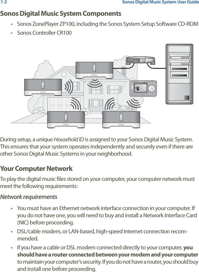 Sonos Digital Music System User Guide1-2Sonos Digital Music System Components• Sonos ZonePlayer ZP100, including the Sonos System Setup Software CD-ROM • Sonos Controller CR100During setup, a unique Household ID is assigned to your Sonos Digital Music System. This ensures that your system operates independently and securely even if there are other Sonos Digital Music Systems in your neighborhood.    Your Computer NetworkTo play the digital music files stored on your computer, your computer network must meet the following requirements:Network requirements• You must have an Ethernet network interface connection in your computer. If you do not have one, you will need to buy and install a Network Interface Card (NIC) before proceeding.• DSL/cable modem, or LAN-based, high-speed Internet connection recom-mended. • If you have a cable or DSL modem connected directly to your computer, you should have a router connected between your modem and your computer to maintain your computer’s security. If you do not have a router, you should buy and install one before proceeding.