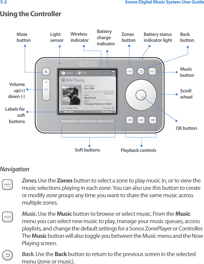 Sonos Digital Music System User Guide5-2Using the ControllerNavigationZones. Use the Zones button to select a zone to play music in, or to view the music selections playing in each zone. You can also use this button to create or modify zone groups any time you want to share the same music across multiple zones. Music. Use the Music button to browse or select music. From the Music menu you can select new music to play, manage your music queues, access playlists, and change the default settings for a Sonos ZonePlayer or Controller. The Music button will also toggle you between the Music menu and the Now Playing screen. Back. Use the Back button to return to the previous screen in the selected menu (zone or music).Battery charge indicatorMute button Volume up(+) down (-)Music buttonScroll wheelBack buttonBattery status indicator lightZones buttonLabels for soft buttons Soft buttons Playback controlsLight sensorOK buttonWireless indicator