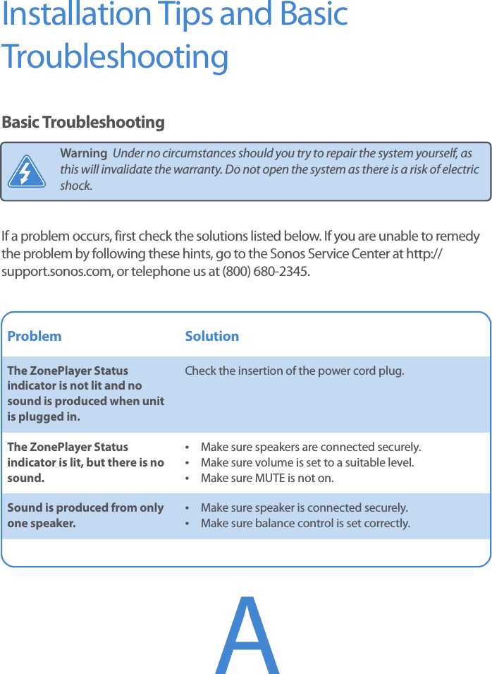 Installation Tips and Basic TroubleshootingBasic TroubleshootingIf a problem occurs, first check the solutions listed below. If you are unable to remedy the problem by following these hints, go to the Sonos Service Center at http://support.sonos.com, or telephone us at (800) 680-2345.Warning  Under no circumstances should you try to repair the system yourself, as this will invalidate the warranty. Do not open the system as there is a risk of electric shock. Problem SolutionThe ZonePlayer Status indicator is not lit and no sound is produced when unit is plugged in.Check the insertion of the power cord plug. The ZonePlayer Status indicator is lit, but there is no sound. •  Make sure speakers are connected securely.•  Make sure volume is set to a suitable level.•  Make sure MUTE is not on. Sound is produced from only one speaker. •  Make sure speaker is connected securely.•  Make sure balance control is set correctly.A