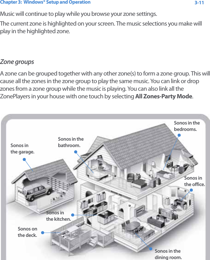 Chapter 3:  Windows® Setup and Operation 3-11Music will continue to play while you browse your zone settings. The current zone is highlighted on your screen. The music selections you make will play in the highlighted zone.Zone groupsA zone can be grouped together with any other zone(s) to form a zone group. This will cause all the zones in the zone group to play the same music. You can link or drop zones from a zone group while the music is playing. You can also link all the ZonePlayers in your house with one touch by selecting All Zones-Party Mode.Sonos in the garage.Sonos in the bathroom.Sonos in the bedrooms.Sonos on the deck.Sonos in the dining room.Sonos in the office.Sonos in the kitchen.