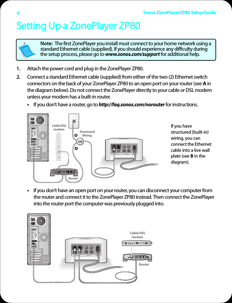 Sonos ZonePlayer ZP80 Setup Guide6Setting Up a ZonePlayer ZP801. Attach the power cord and plug in the ZonePlayer ZP80.2. Connect a standard Ethernet cable (supplied) from either of the two (2) Ethernet switch connectors on the back of your ZonePlayer ZP80 to an open port on your router (see A in the diagram below). Do not connect the ZonePlayer directly to your cable or DSL modem unless your modem has a built-in router.•If you don’t have a router, go to http://faq.sonos.com/norouter for instructions. •If you don’t have an open port on your router, you can disconnect your computer from the router and connect it to the ZonePlayer ZP80 instead. Then connect the ZonePlayer into the router port the computer was previously plugged into. Note:  The first ZonePlayer you install must connect to your home network using a standard Ethernet cable (supplied). If you should experience any difficulty during the setup process, please go to www.sonos.com/support for additional help.Cable/DSLmodem StructuredWiringRouter If you have structured (built-in) wiring, you can connect the Ethernet cable into a live wall plate (see B in the diagram).Cable/DSLmodemRouter