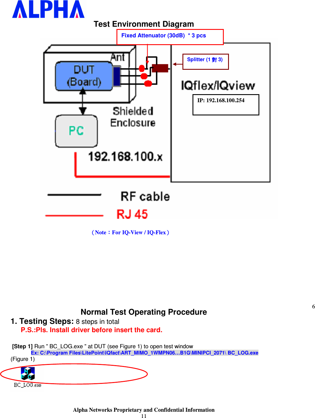                    Alpha Networks Proprietary and Confidential Information 11  Test Environment Diagram     （（（（Note：：：：For IQ-View / IQ-Flex））））            Normal Test Operating Procedure  1. Testing Steps: 8 steps in total P.S.:Pls. Install driver before insert the card.   [Step 1] Run ” BC_LOG.exe ” at DUT (see Figure 1) to open test window  Ex: C:\Program Files\LitePoint\IQfact\ART_MIMO_1WMPN06…B1G\MINIPCI_2071\ BC_LOG.exe (Figure 1)   6 IP: 192.168.100.254 Fixed Attenuator (30dB)  * 3 pcs Splitter (1 對對對對3) 