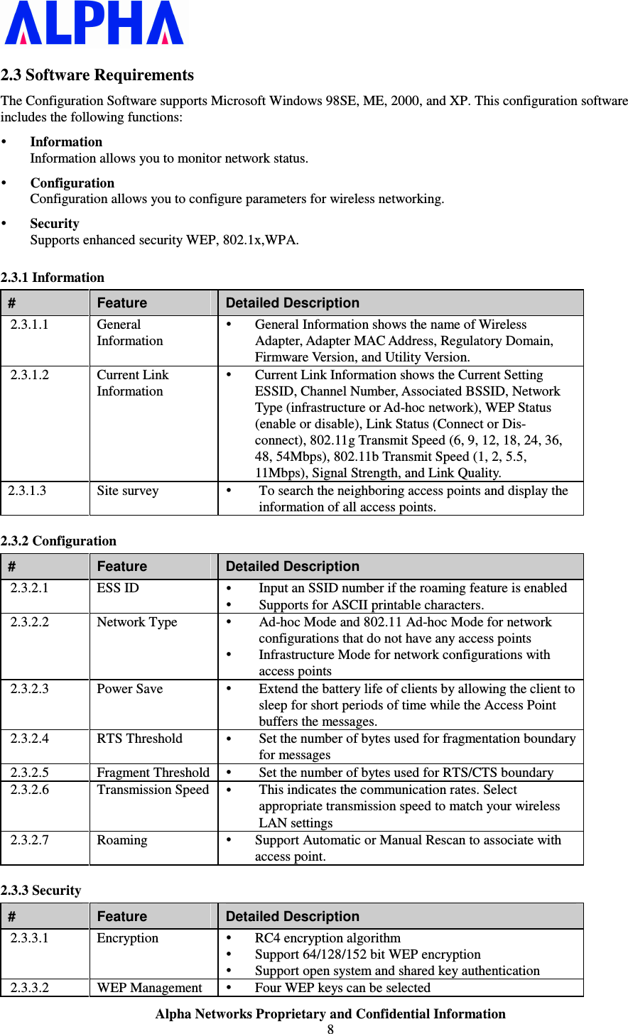                    Alpha Networks Proprietary and Confidential Information 8  2.3 Software Requirements The Configuration Software supports Microsoft Windows 98SE, ME, 2000, and XP. This configuration software includes the following functions:  Information Information allows you to monitor network status.  Configuration Configuration allows you to configure parameters for wireless networking.  Security Supports enhanced security WEP, 802.1x,WPA. 2.3.1 Information #  Feature  Detailed Description 2.3.1.1  General Information  General Information shows the name of Wireless Adapter, Adapter MAC Address, Regulatory Domain, Firmware Version, and Utility Version. 2.3.1.2  Current Link Information  Current Link Information shows the Current Setting ESSID, Channel Number, Associated BSSID, Network Type (infrastructure or Ad-hoc network), WEP Status (enable or disable), Link Status (Connect or Dis-connect), 802.11g Transmit Speed (6, 9, 12, 18, 24, 36, 48, 54Mbps), 802.11b Transmit Speed (1, 2, 5.5, 11Mbps), Signal Strength, and Link Quality. 2.3.1.3  Site survey   To search the neighboring access points and display the information of all access points. 2.3.2 Configuration #  Feature  Detailed Description 2.3.2.1  ESS ID   Input an SSID number if the roaming feature is enabled  Supports for ASCII printable characters. 2.3.2.2  Network Type   Ad-hoc Mode and 802.11 Ad-hoc Mode for network configurations that do not have any access points  Infrastructure Mode for network configurations with access points 2.3.2.3  Power Save   Extend the battery life of clients by allowing the client to sleep for short periods of time while the Access Point buffers the messages. 2.3.2.4  RTS Threshold   Set the number of bytes used for fragmentation boundary for messages 2.3.2.5  Fragment Threshold  Set the number of bytes used for RTS/CTS boundary 2.3.2.6  Transmission Speed  This indicates the communication rates. Select appropriate transmission speed to match your wireless LAN settings 2.3.2.7  Roaming   Support Automatic or Manual Rescan to associate with access point. 2.3.3 Security #  Feature  Detailed Description 2.3.3.1  Encryption   RC4 encryption algorithm  Support 64/128/152 bit WEP encryption  Support open system and shared key authentication  2.3.3.2  WEP Management   Four WEP keys can be selected 